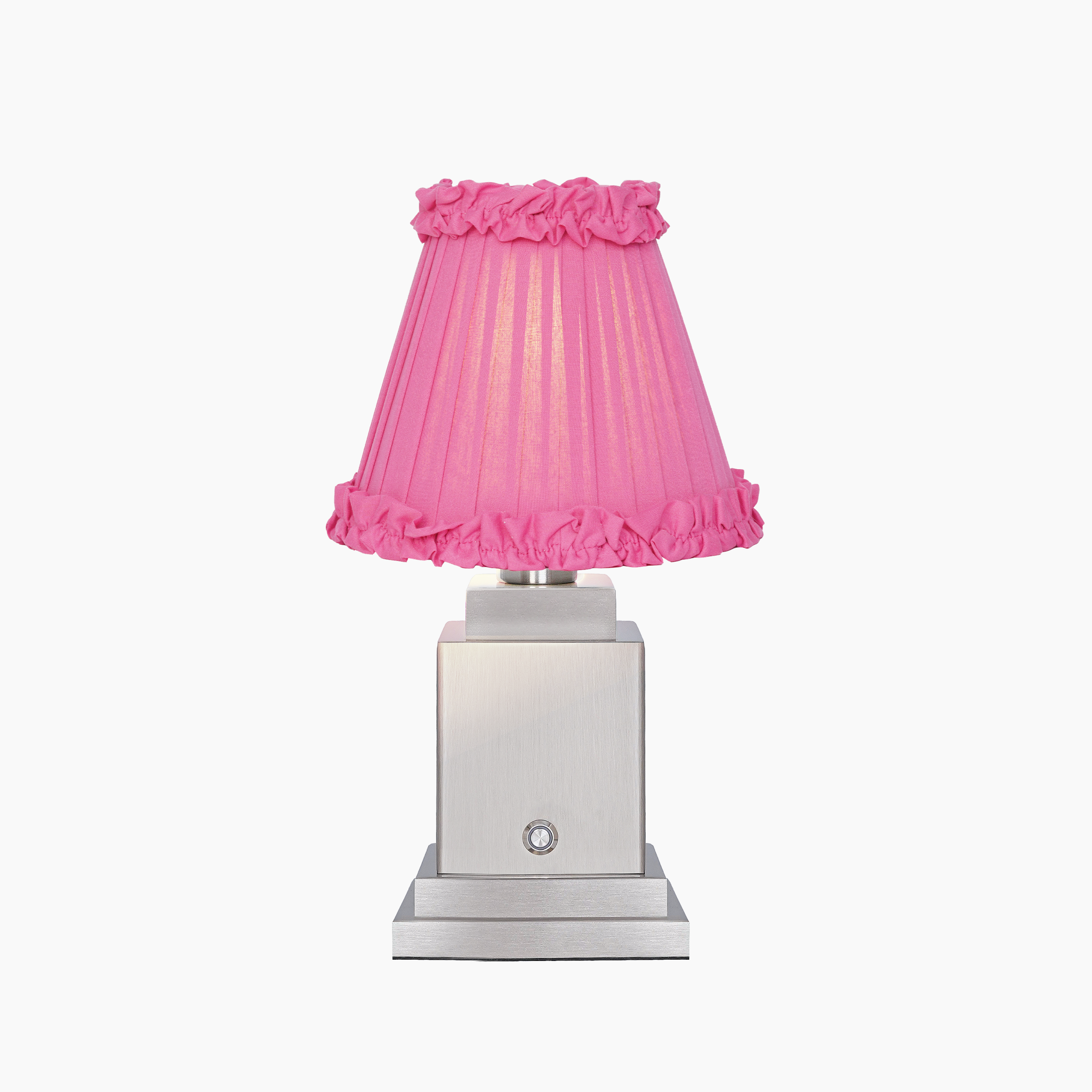 OSCAR Silver Rechargeable Lamp with Fuchsia Frilled Fabric Lampshade