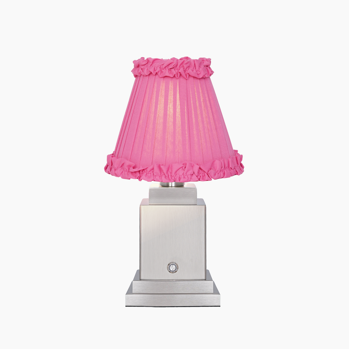 OSCAR Silver Rechargeable Lamp with Fuchsia Frilled Fabric Lampshade