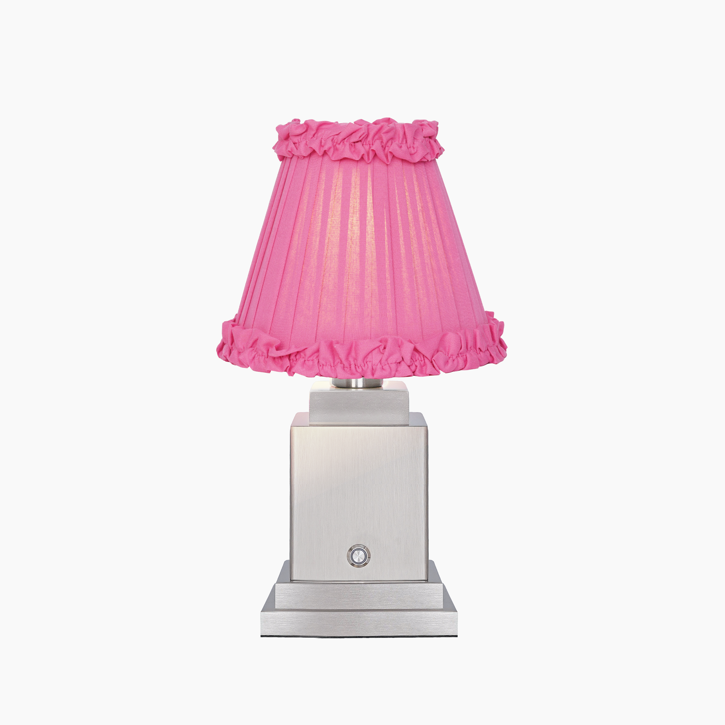 OSCAR Silver Rechargeable Lamp with Fuchsia Frilled Fabric Lampshade