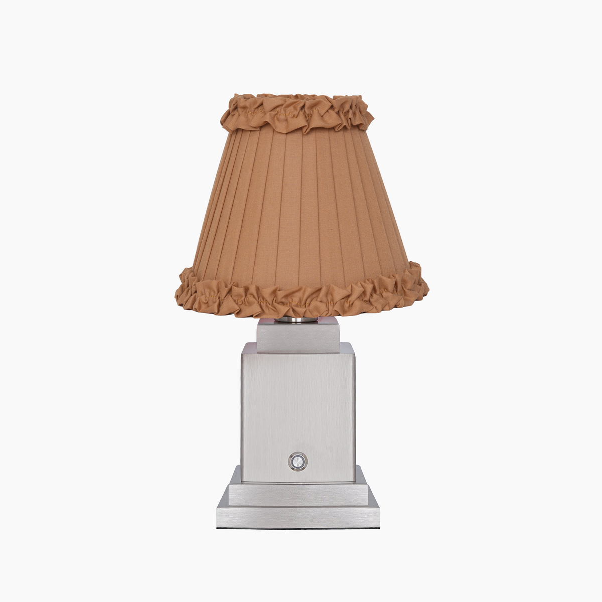 OSCAR Silver Rechargeable Lamp with Camel Frilled Fabric Lampshade