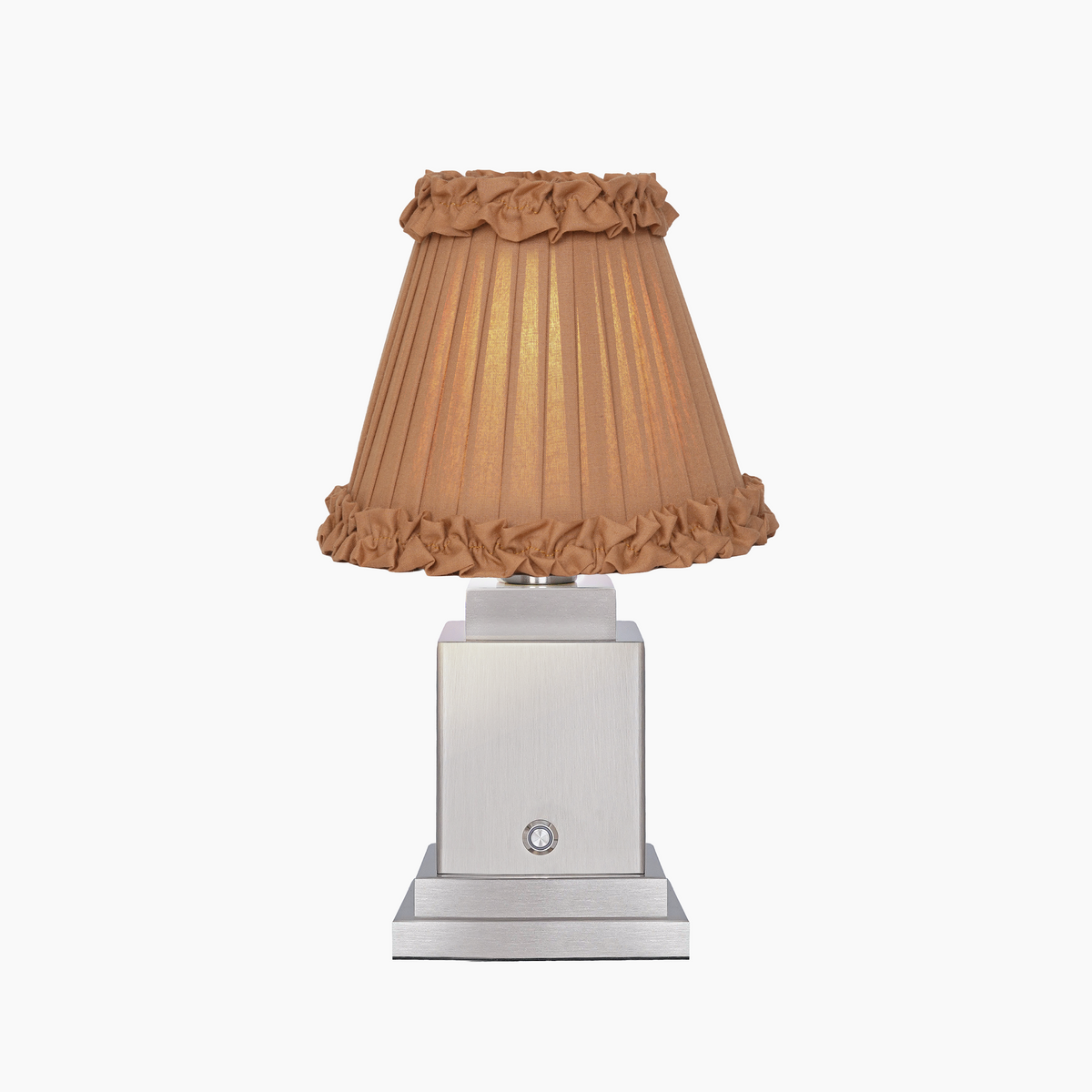 OSCAR Silver Rechargeable Lamp with Camel Frilled Fabric Lampshade