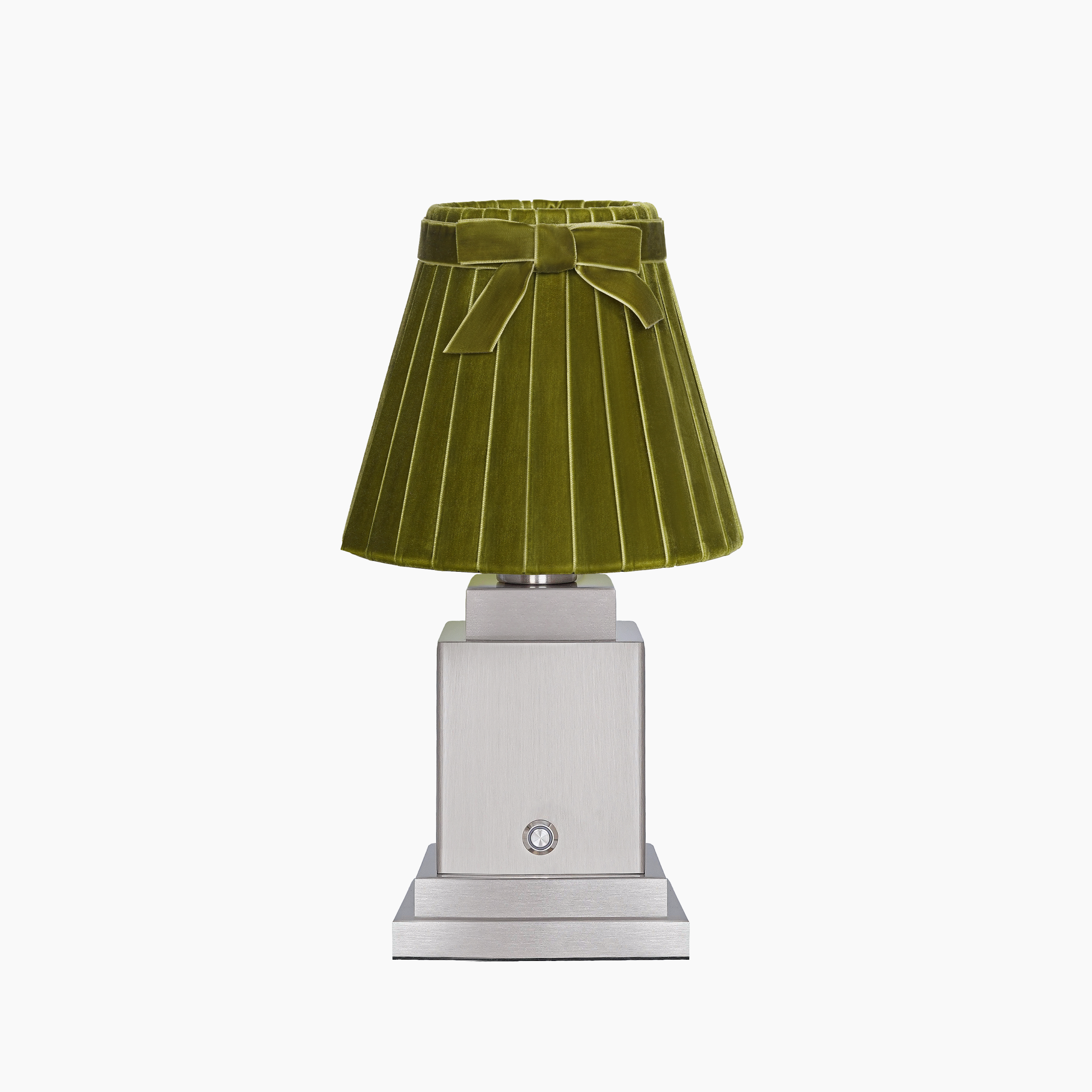 OSCAR Silver Rechargeable Lamp with 7.1" Olive Green Velvet Lampshade