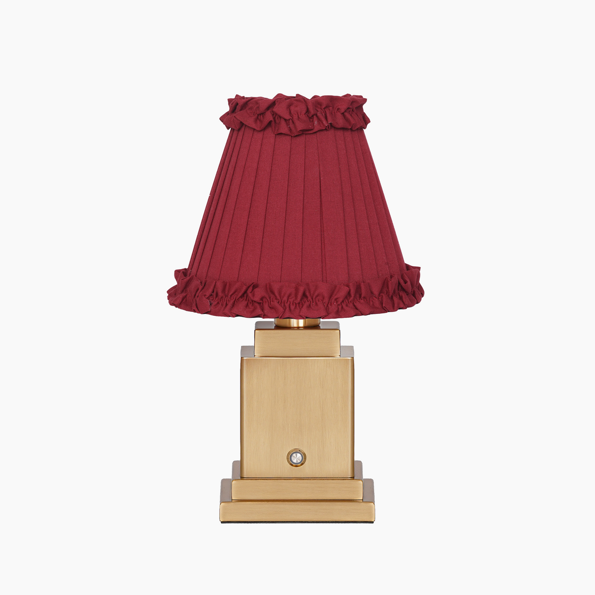 OSCAR Brass Rechargeable Lamp with RED WINE Frilled Fabric Lampshade
