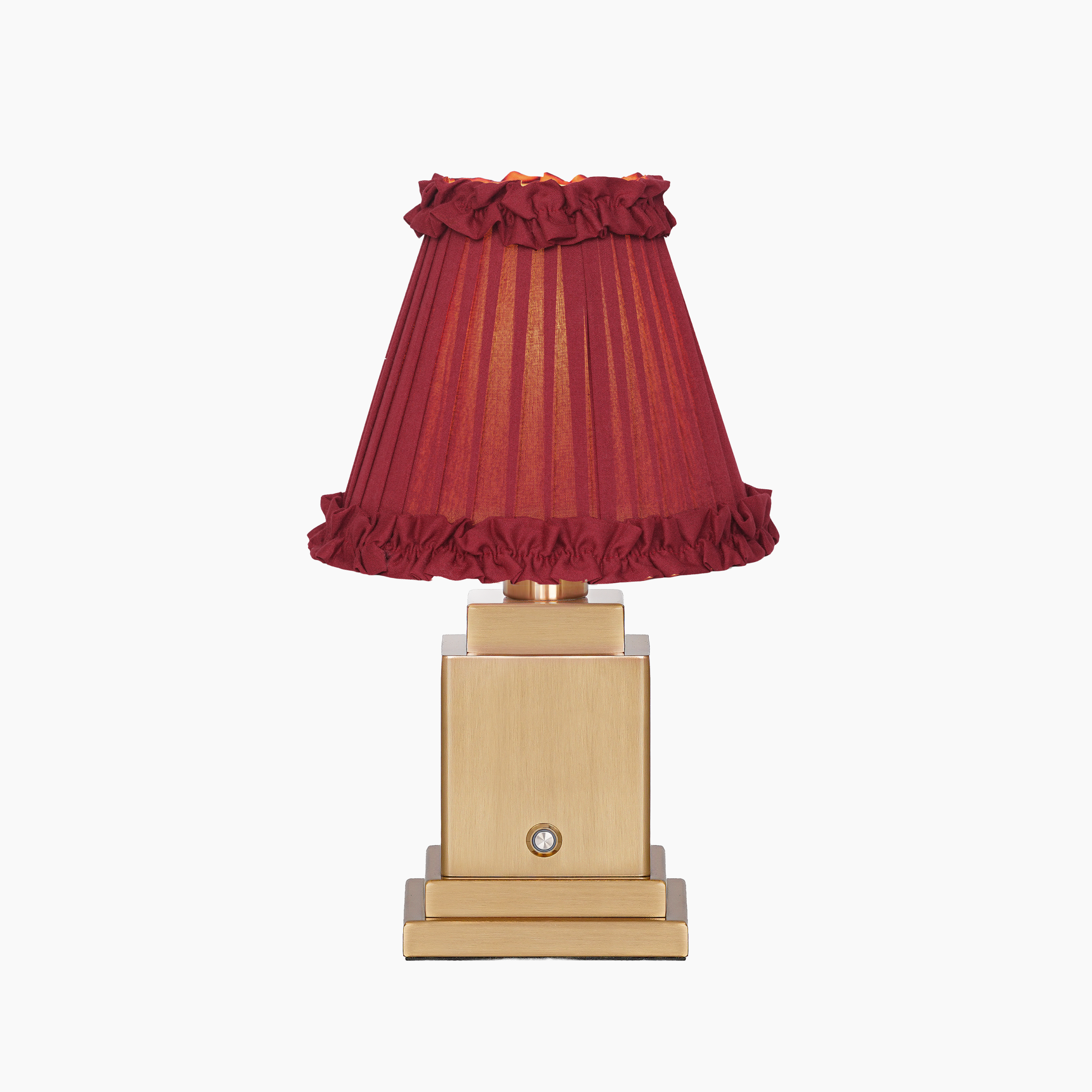 OSCAR Brass Rechargeable Lamp with RED WINE Frilled Fabric Lampshade