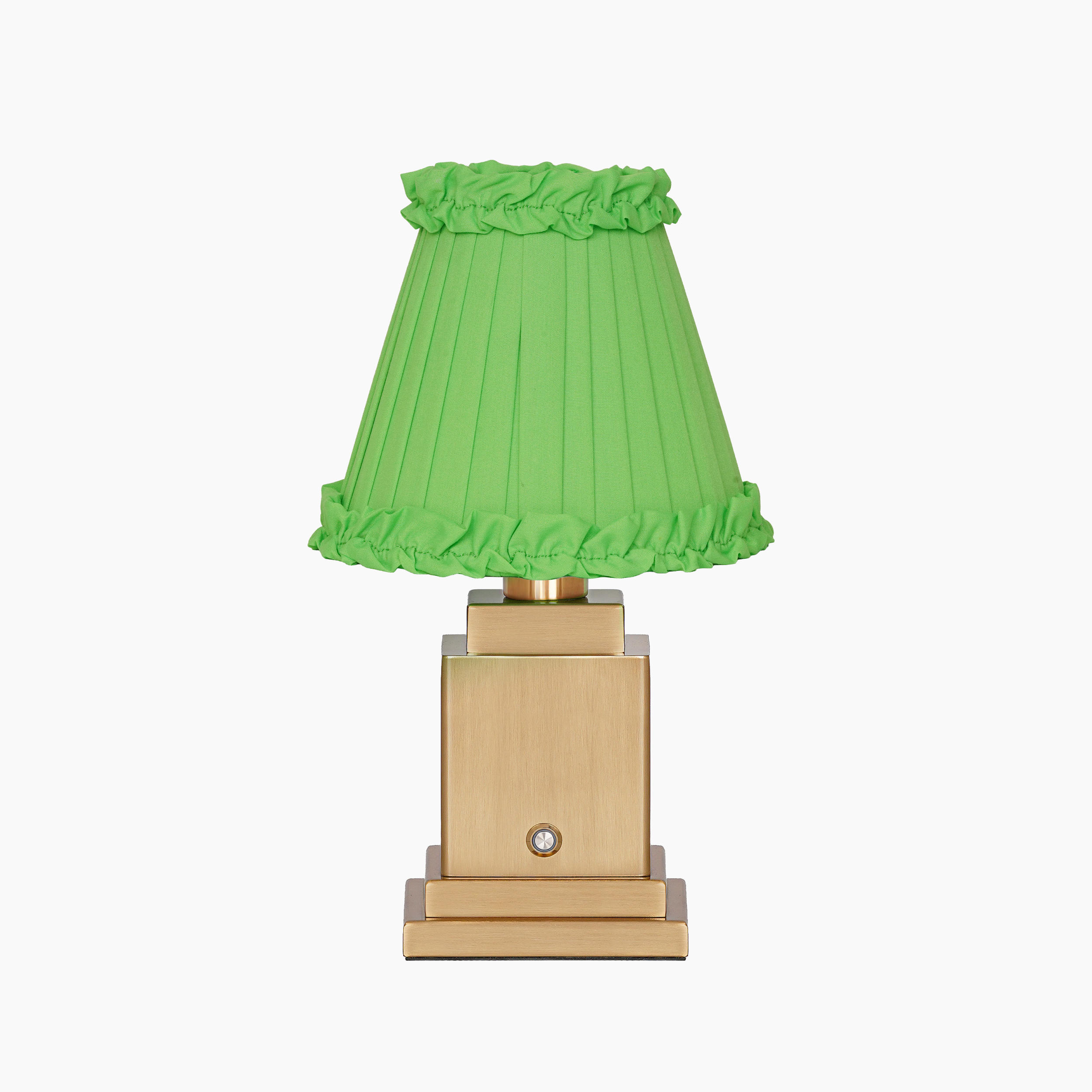 OSCAR Brass Rechargeable Lamp with LIME GREEN Frilled Fabric Lampshade