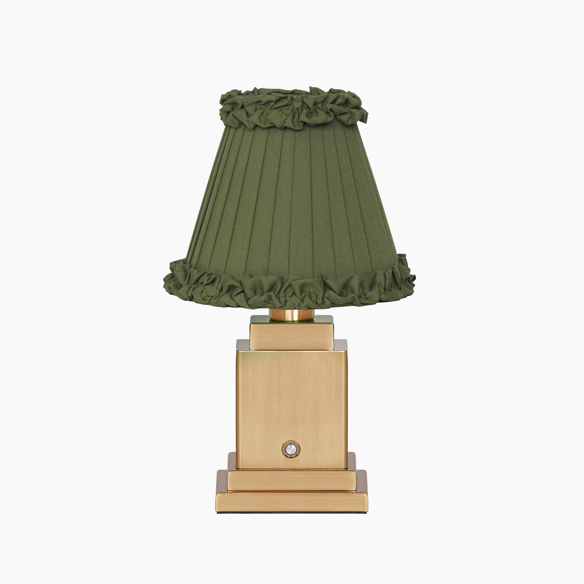 OSCAR Brass Rechargeable Lamp with OLIVE GREEN Frilled Fabric Lampshade
