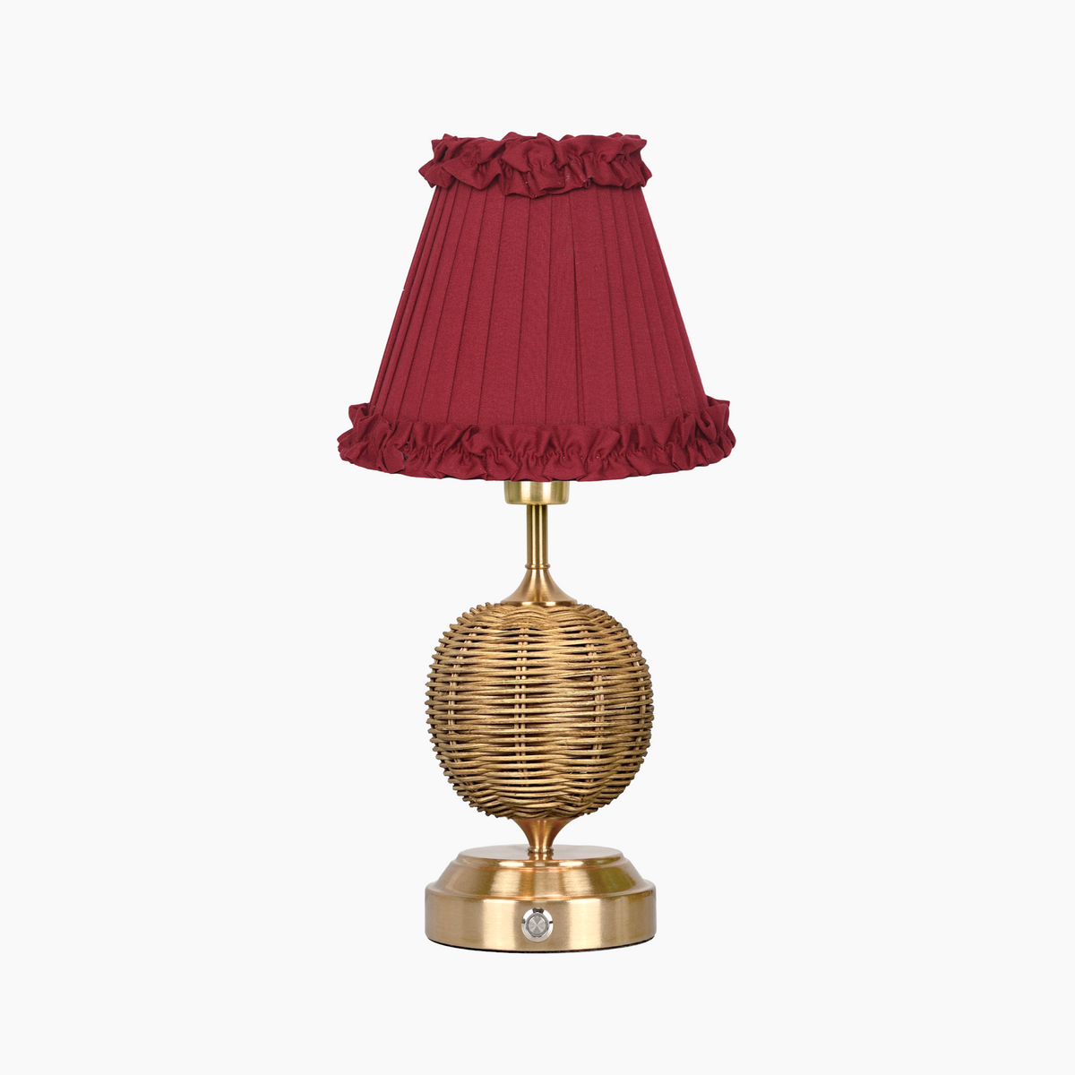 RADEN WICKER Rechargeable Lamp with Red Wine Frilled Fabric Lampshade