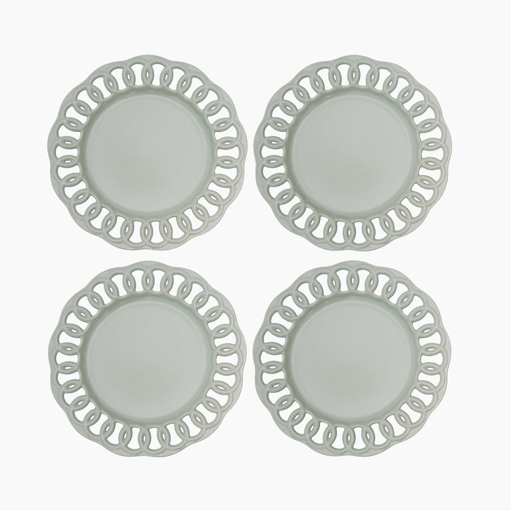 Set of four sage green ceramic dinner plates with openwork lace borders