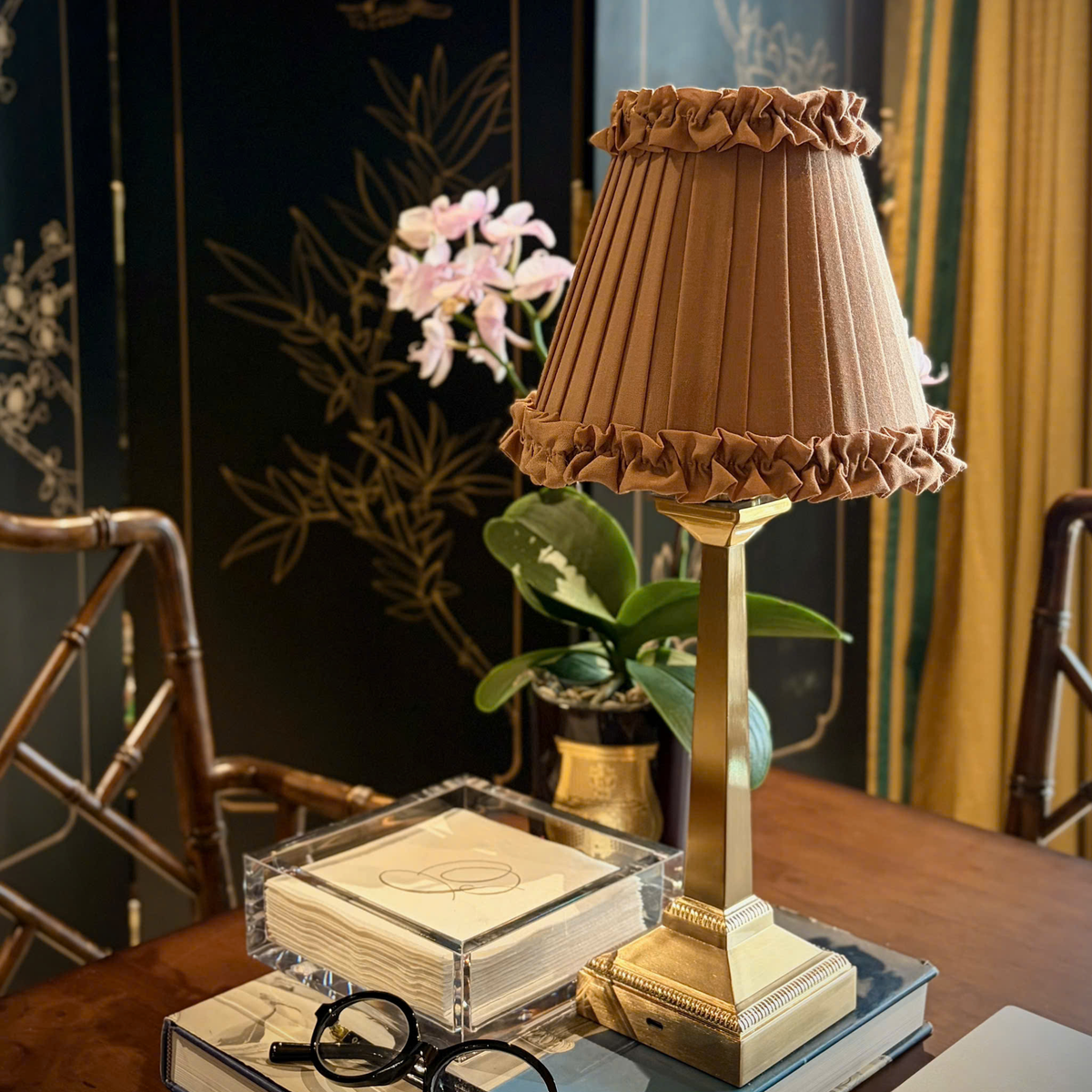 EIFFEL Rechargeable Lamp with Camel Frilled Fabric Lampshade