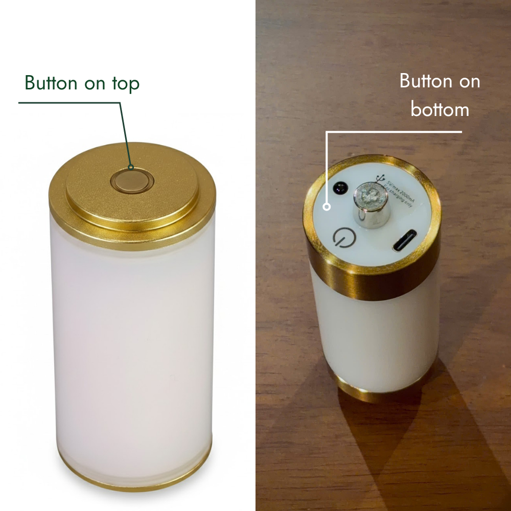 A split comparison showing a cylindrical lamp or container from two angles: on the left, a white frosted body with a gold top and the text 'Button on top'; on the right, shown on a wooden surface, with the text 'Button on bottom' pointing to the top button area.