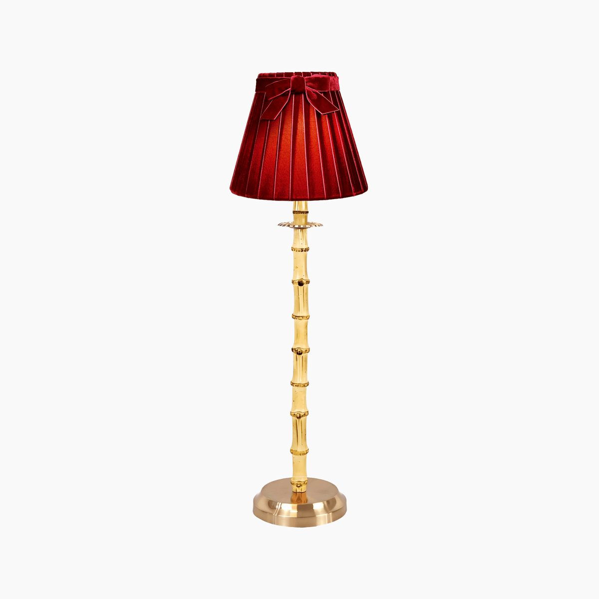 Bamboo rechargeable lamp with velvet lampshade, artisan home decor featuring luxury design and natural materials.