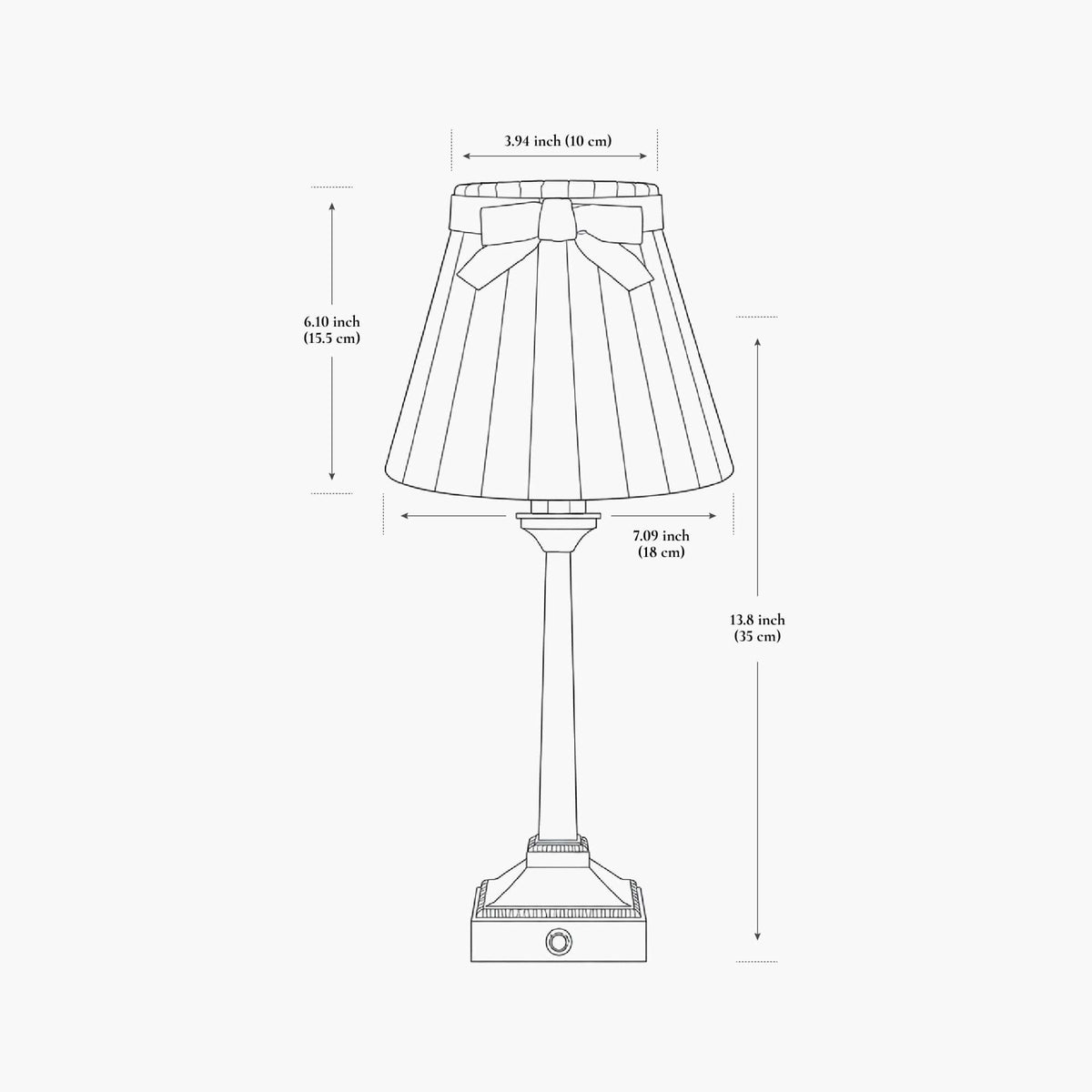 Dimensions of EIFFEL rechargeable lamp with vampire velvet shade, showcasing brass details and elegant design.