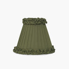 Handcrafted rattan cordless lamp with an olive green pleated fabric shade.
