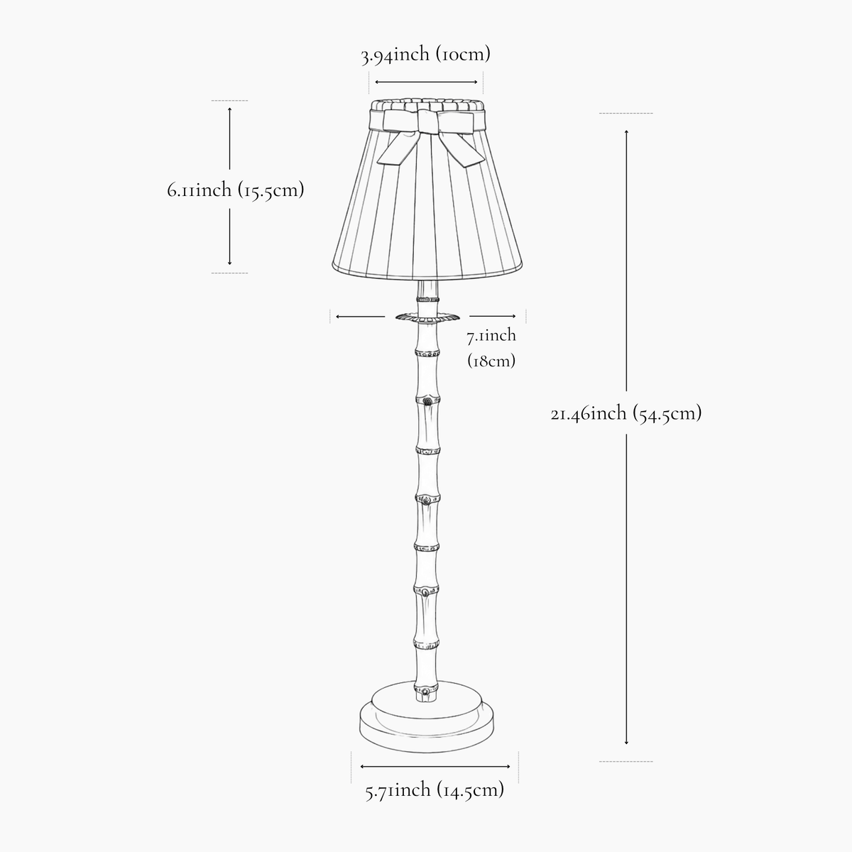 Dimensions of the bamboo rechargeable lamp with velvet shade, showcasing height and shade size.
