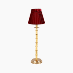 Bamboo rechargeable lamp with velvet lampshade featuring a luxurious crimson velvet shade and natural bamboo base.