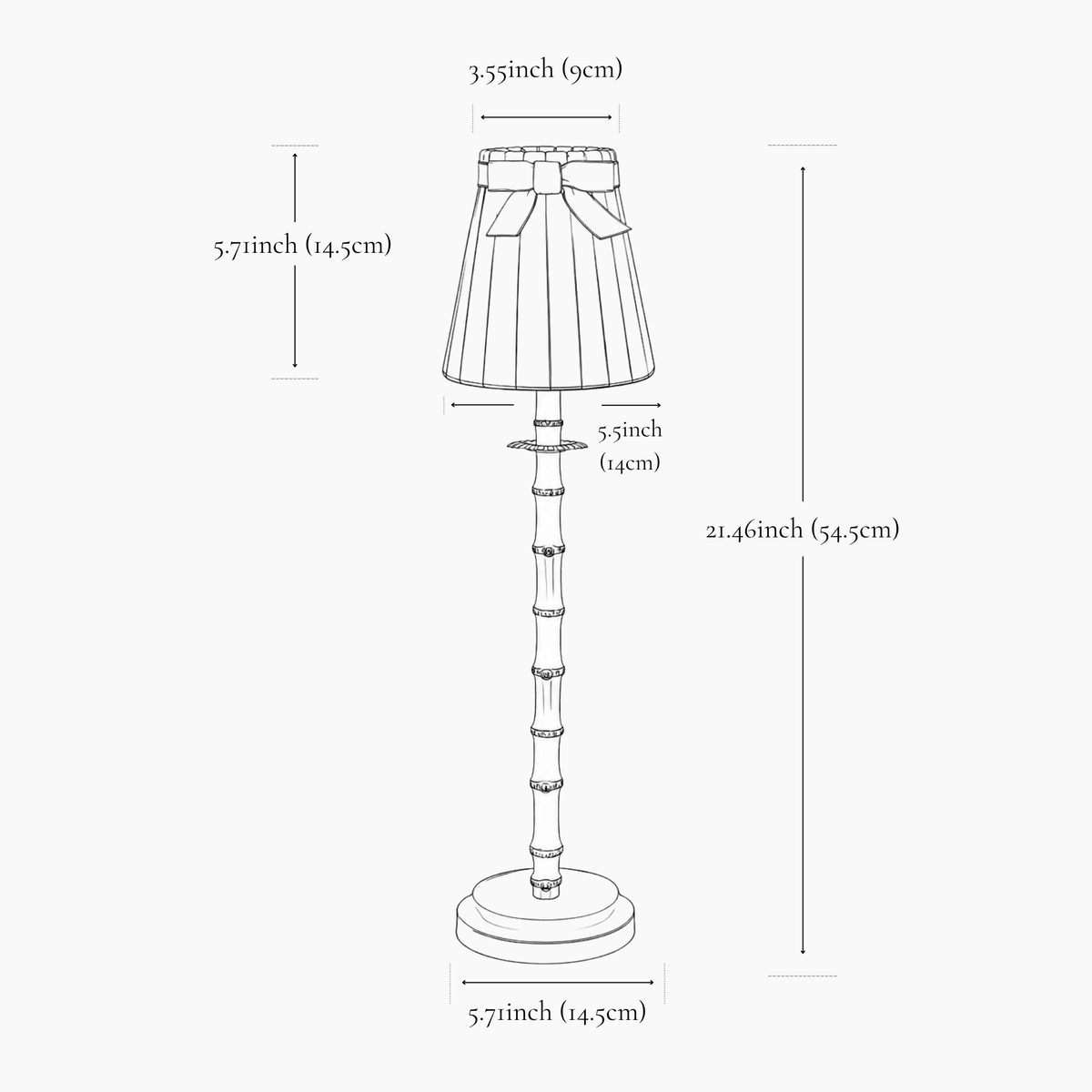Dimensions of the NATURAL BAMBOO Rechargeable Lamp With Marilyn Velvet Lampshade (5.5") illustrated in detail.