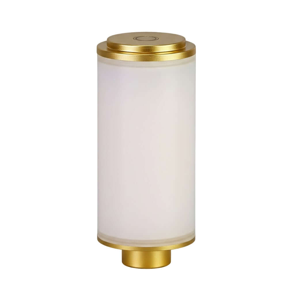 Handcrafted rattan cordless lamp in elegant design with a golden base and frosted glass shade.