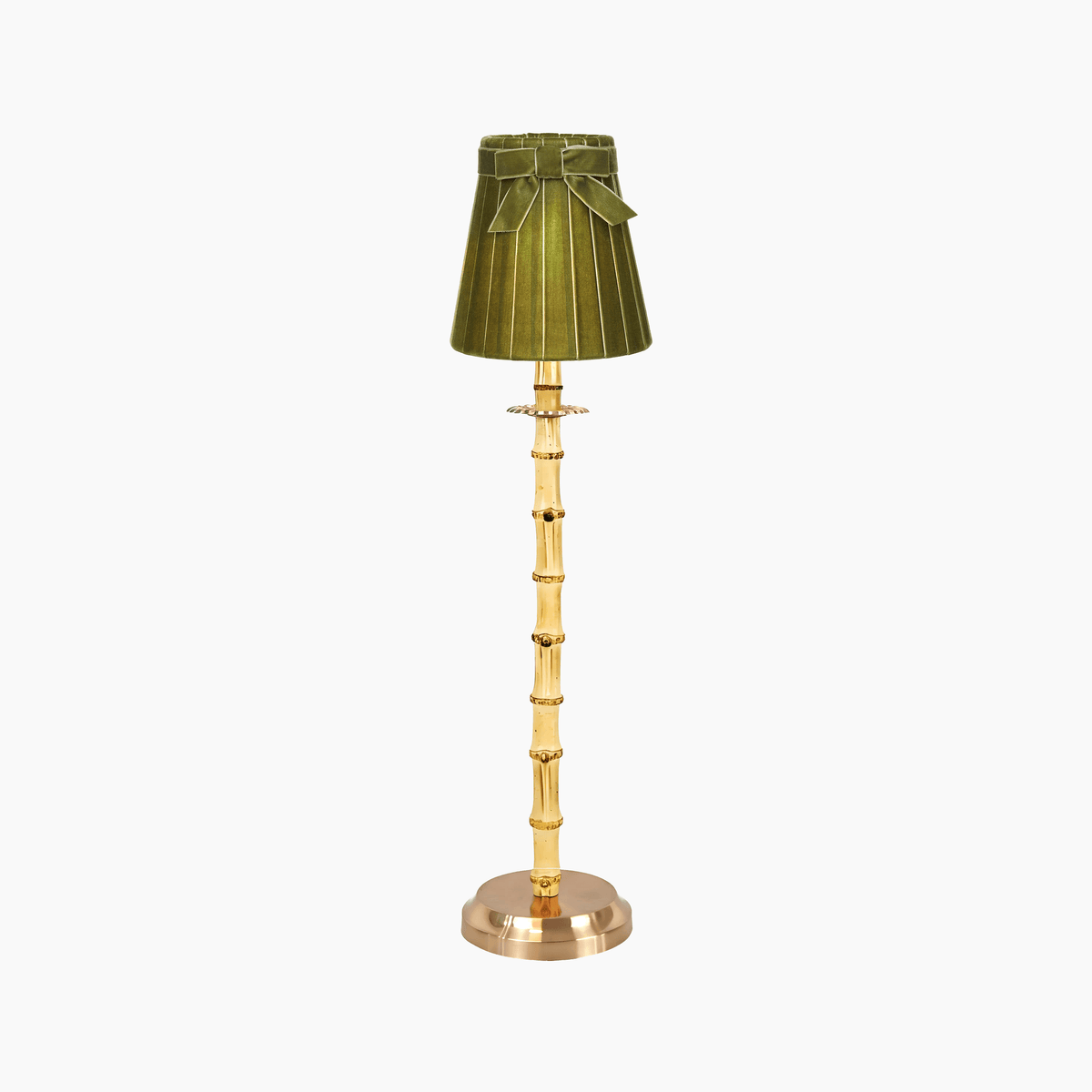 Handcrafted bamboo rechargeable lamp with olive green shade adds artisan elegance and ambient light to your home decor.