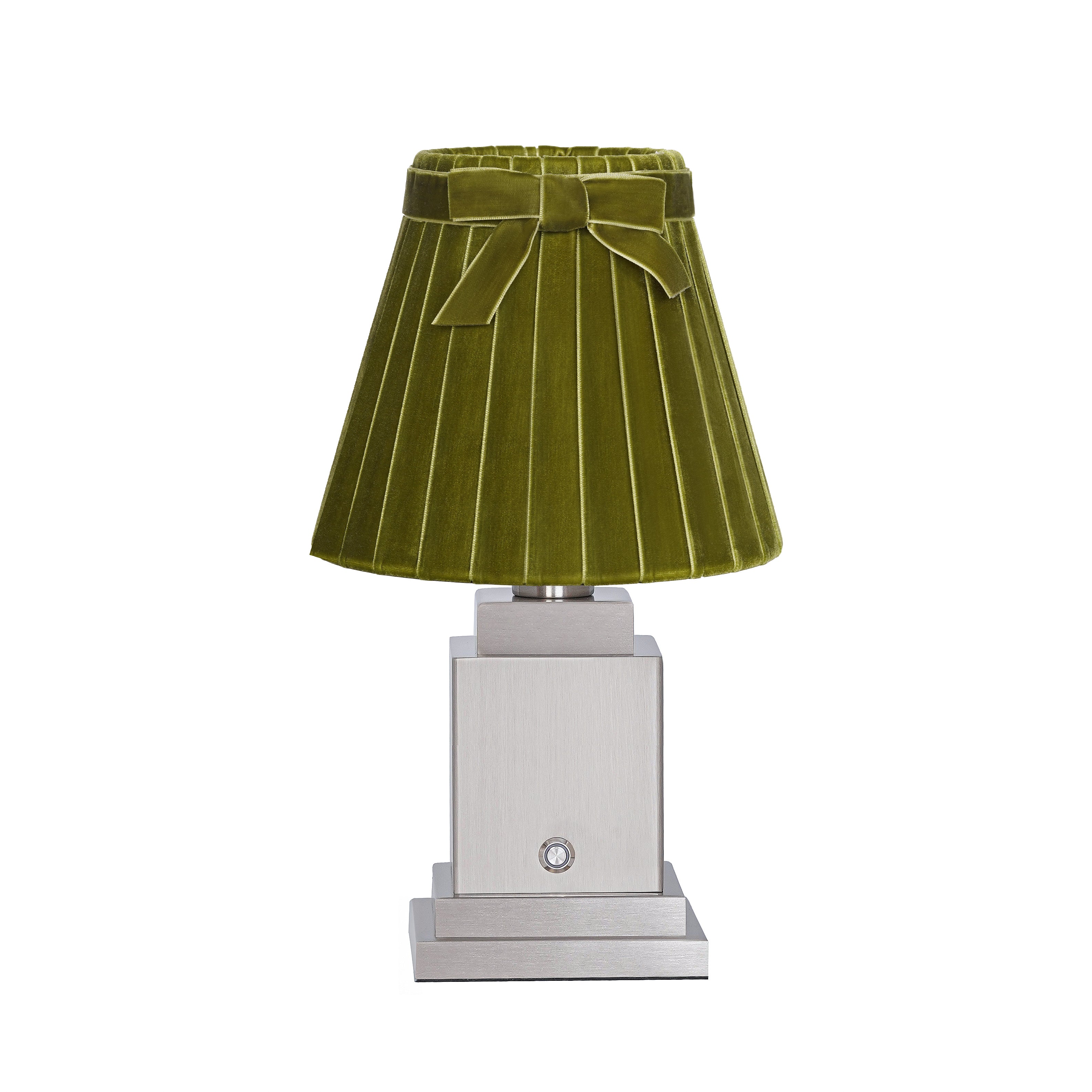 OSCAR Silver Rechargeable Lamp with 7.1" Olive Green Velvet Lampshade