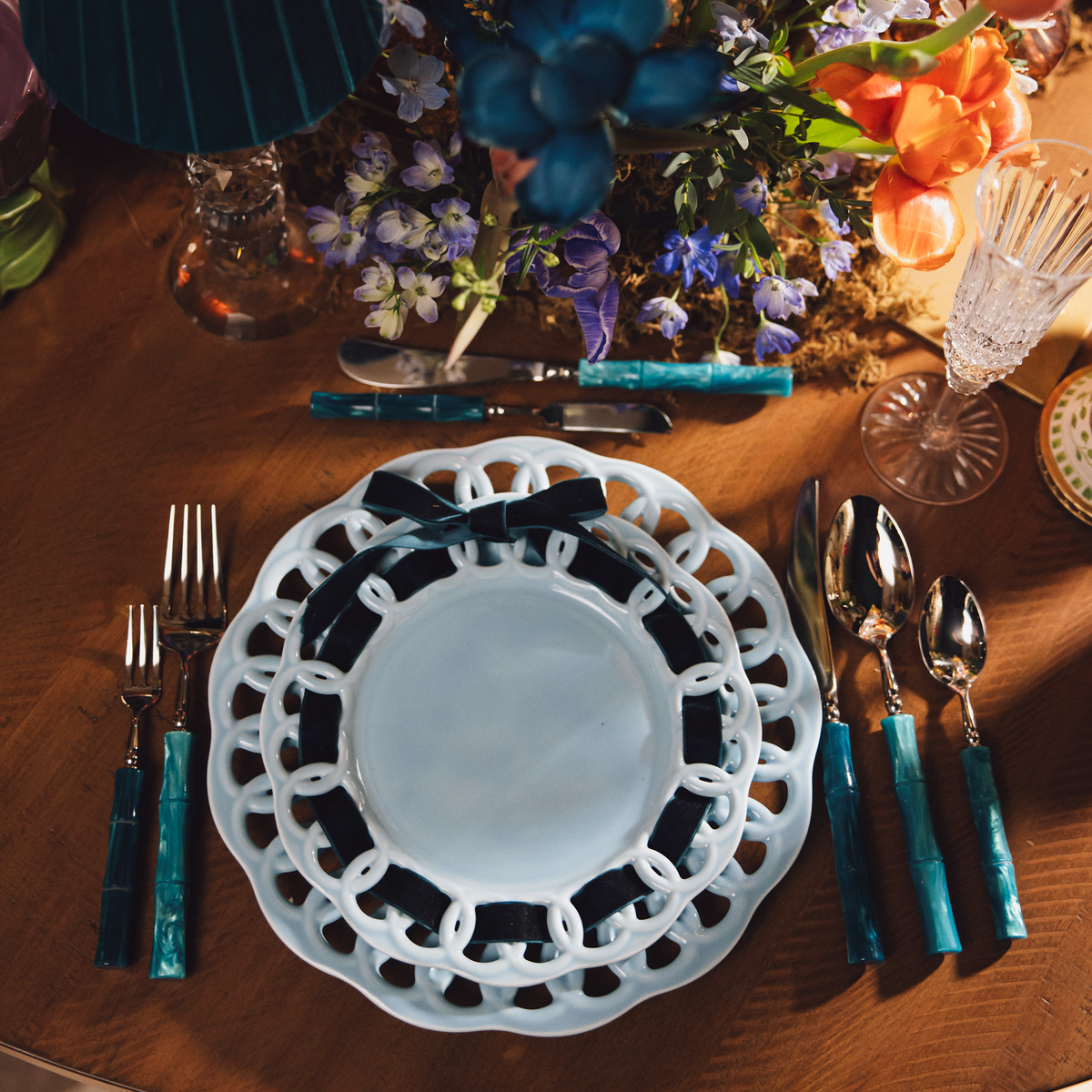 Baby Blue Ceramic Dinner Plates Set for 4