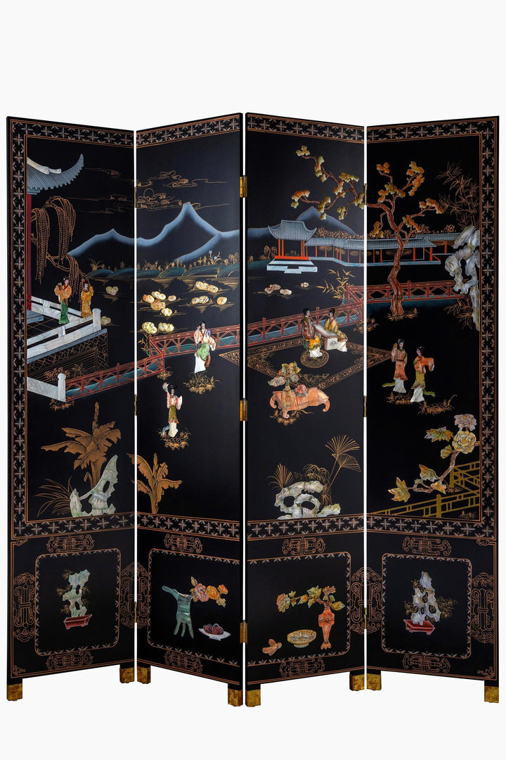 Black lacquer folding screen with mother-of-pearl inlay depicting a chinoiserie garden scene