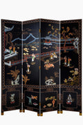 Black lacquer folding screen with mother-of-pearl inlay depicting a chinoiserie garden scene