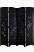 Black folding screen with bird and botanical motifs