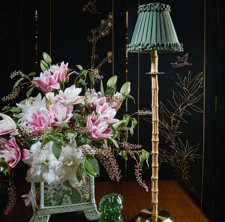NATURAL BAMBOO Rechargeable Lamp With Olive Green Frilled Fabric Lampshade
