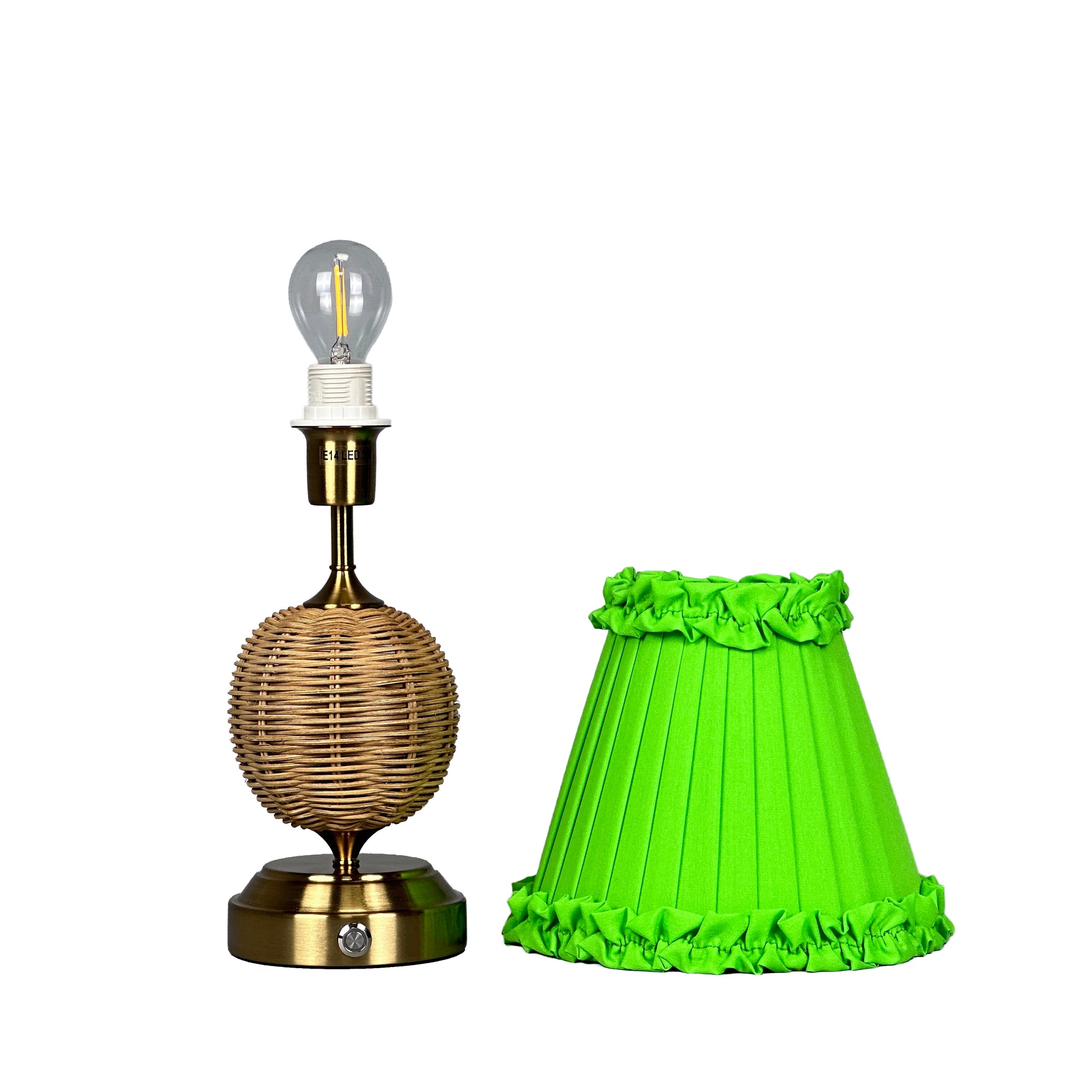 RADEN WICKER Rechargeable Lamp with Lime Green Frilled Fabric Lampshade