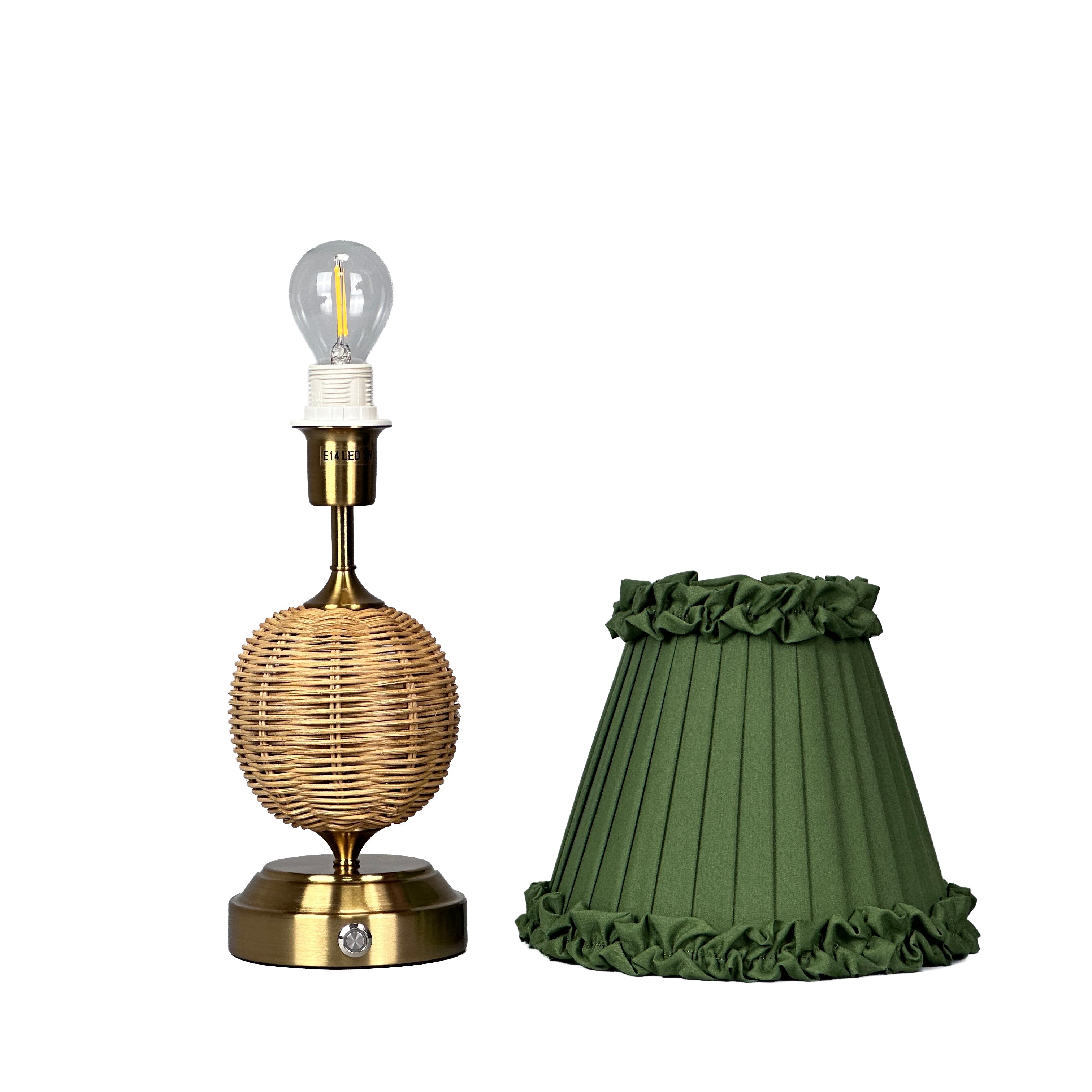 RADEN WICKER Rechargeable Lamp with Olive Green Frilled Fabric Lampshade