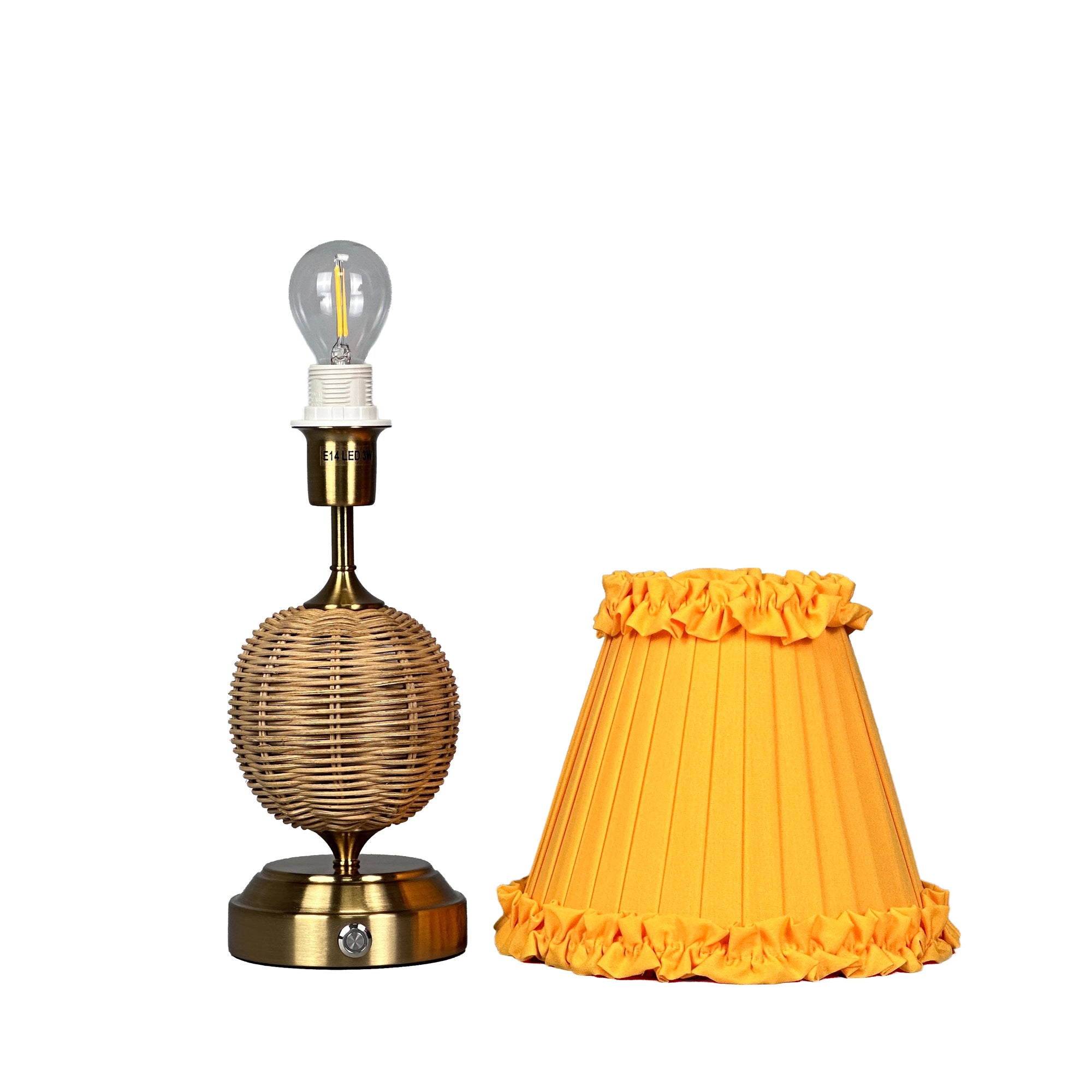 RADEN WICKER Rechargeable Lamp with Marigold Frilled Fabric Lampshade