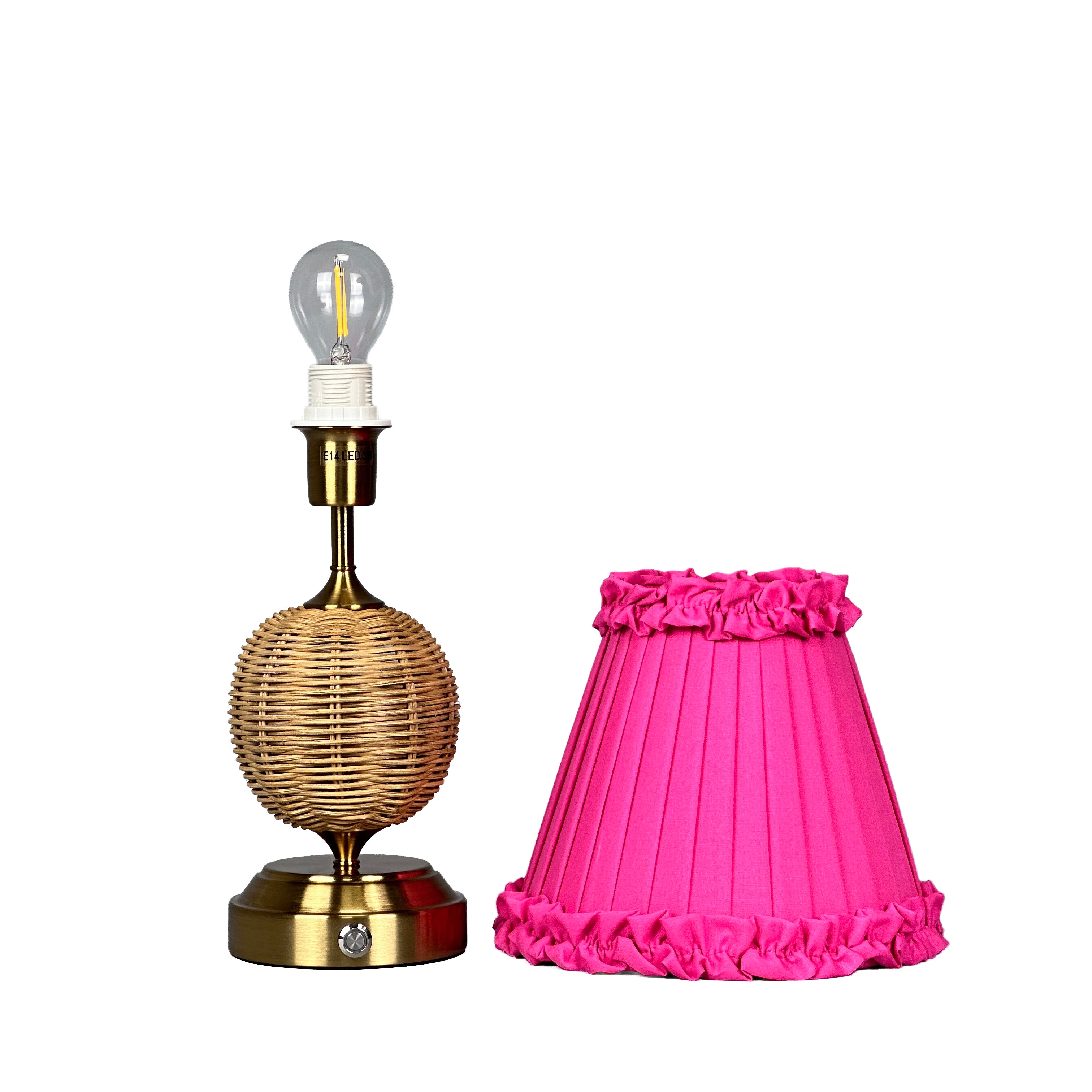 RADEN WICKER Rechargeable Lamp with Fuchsia Frilled Fabric Lampshade