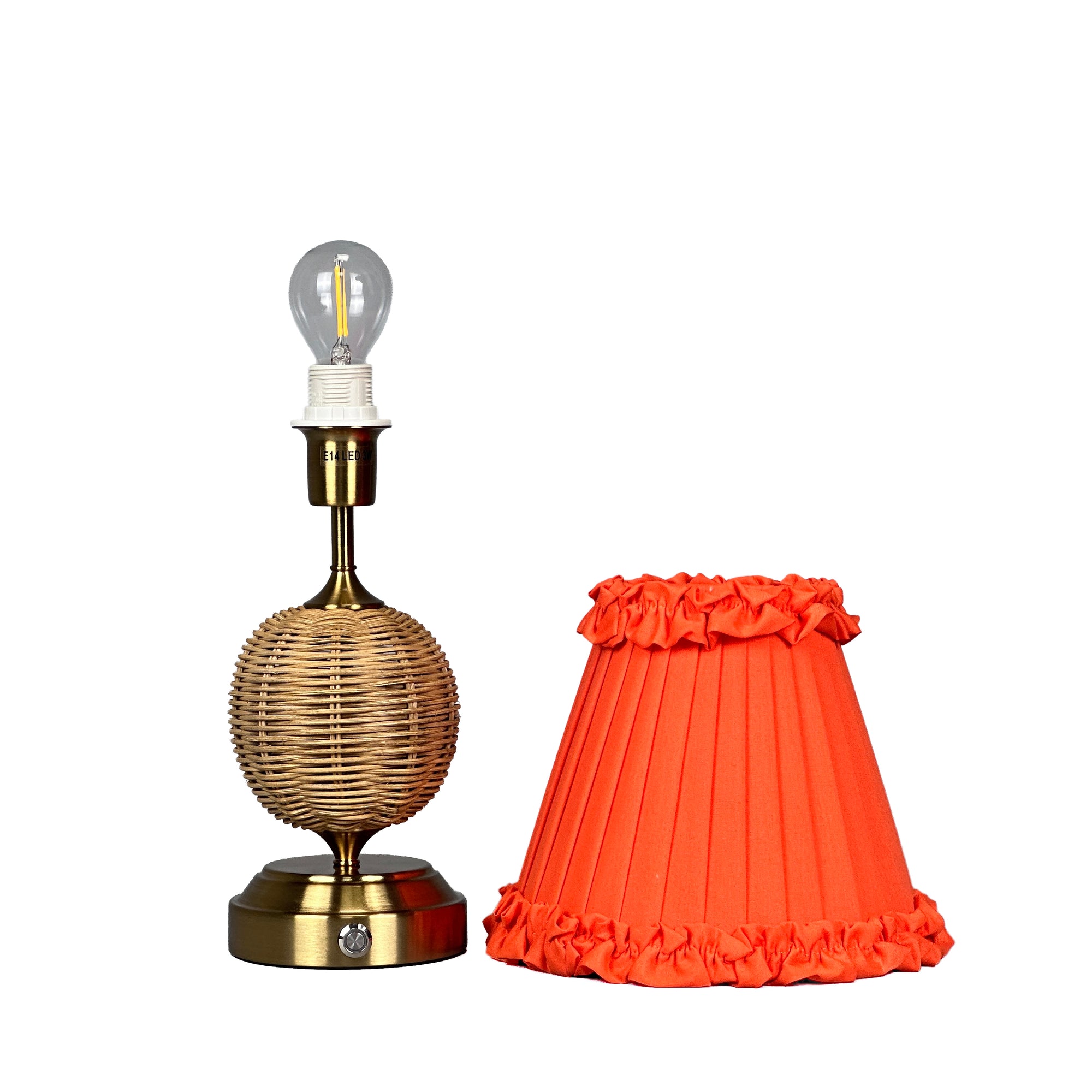 RADEN WICKER Rechargeable Lamp with Vermilion Frilled Fabric Lampshade