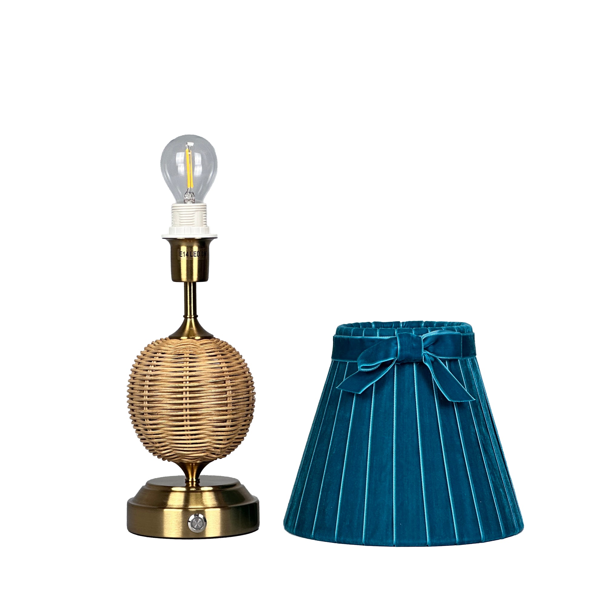 RADEN WICKER Rechargeable Lamp with 7.1" Teal Velvet Lampshade