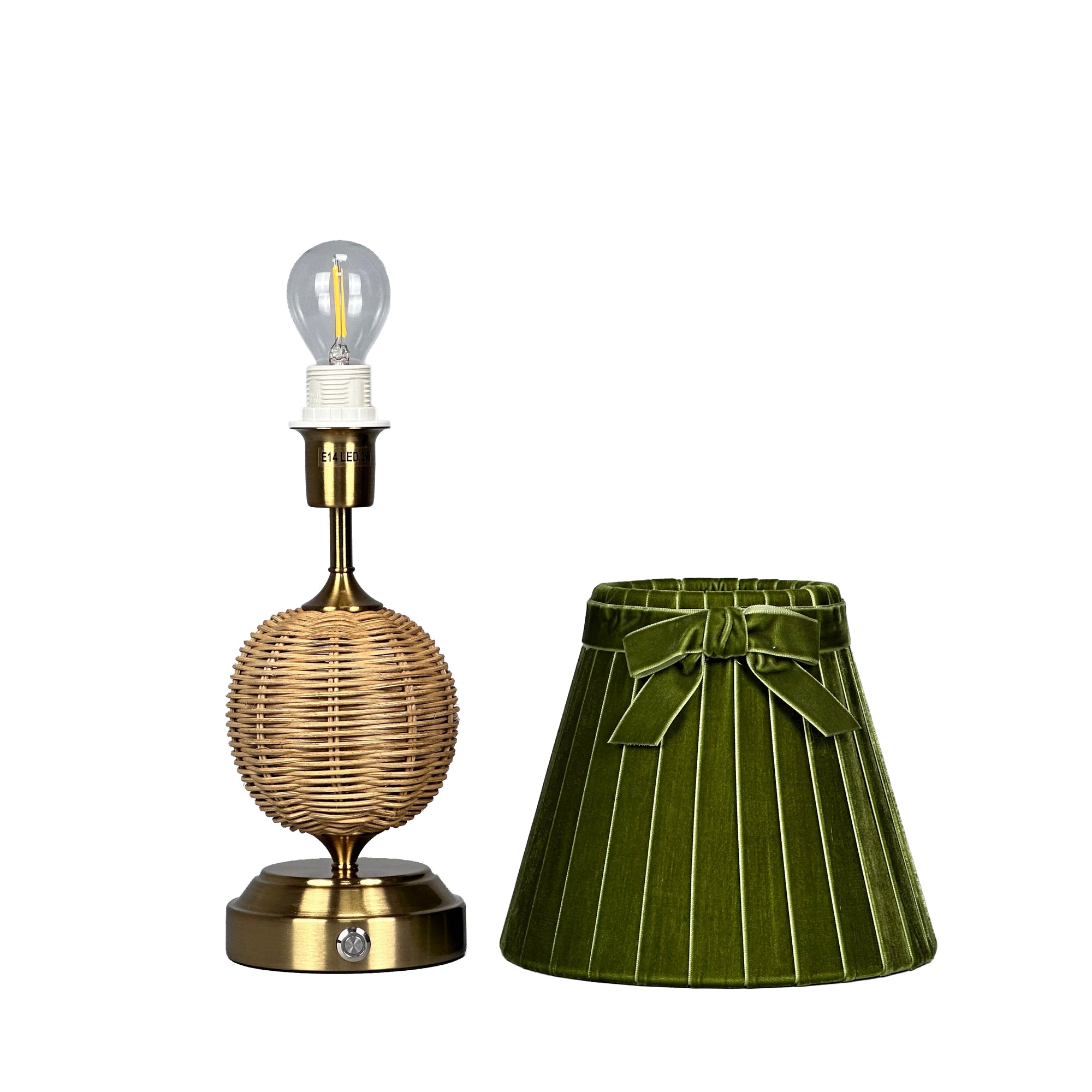 RADEN WICKER Rechargeable Lamp with 7.1" Olive Green Velvet Lampshade