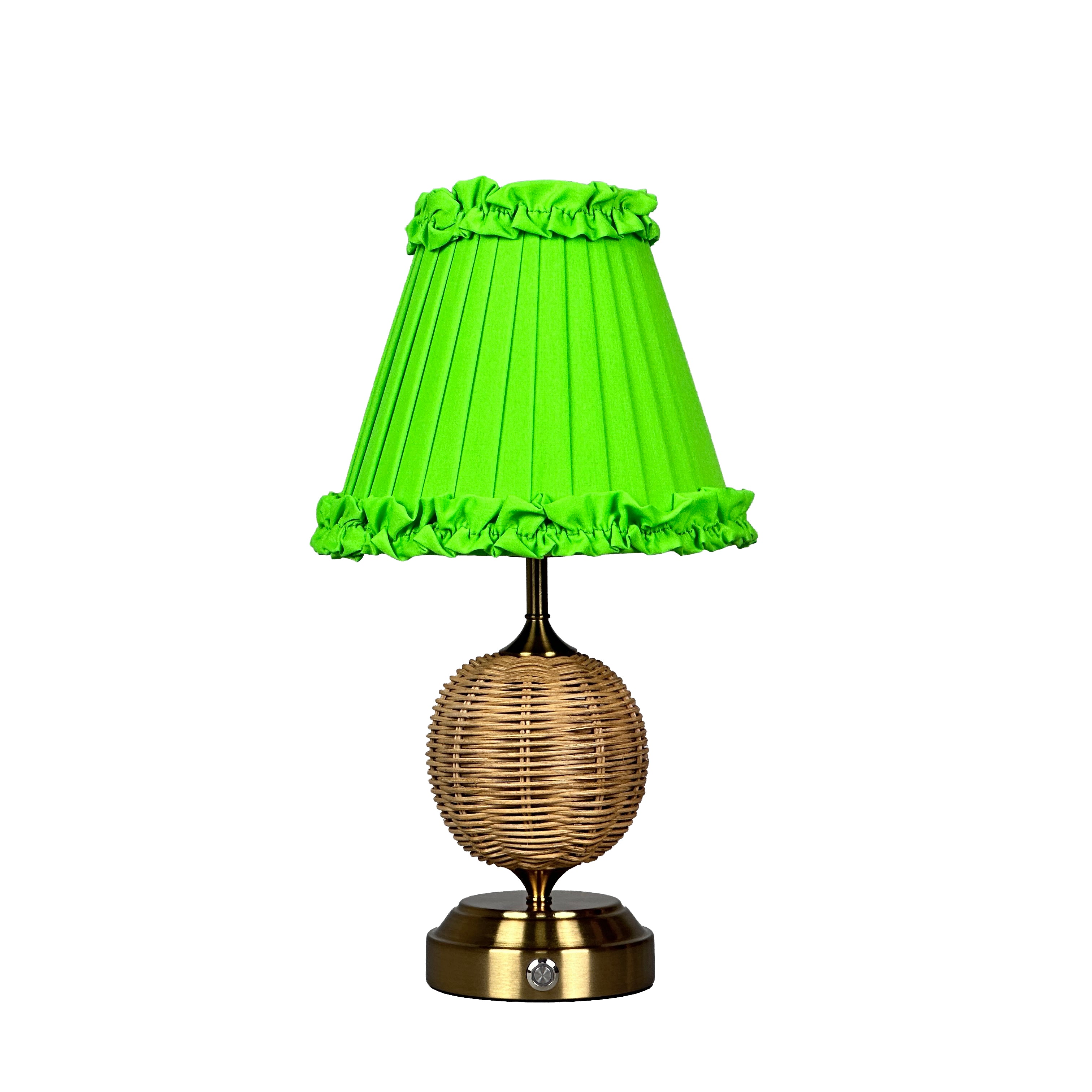 RADEN WICKER Rechargeable Lamp with Lime Green Frilled Fabric Lampshade