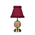 RADEN WICKER Rechargeable Lamp with Red Wine Frilled Fabric Lampshade