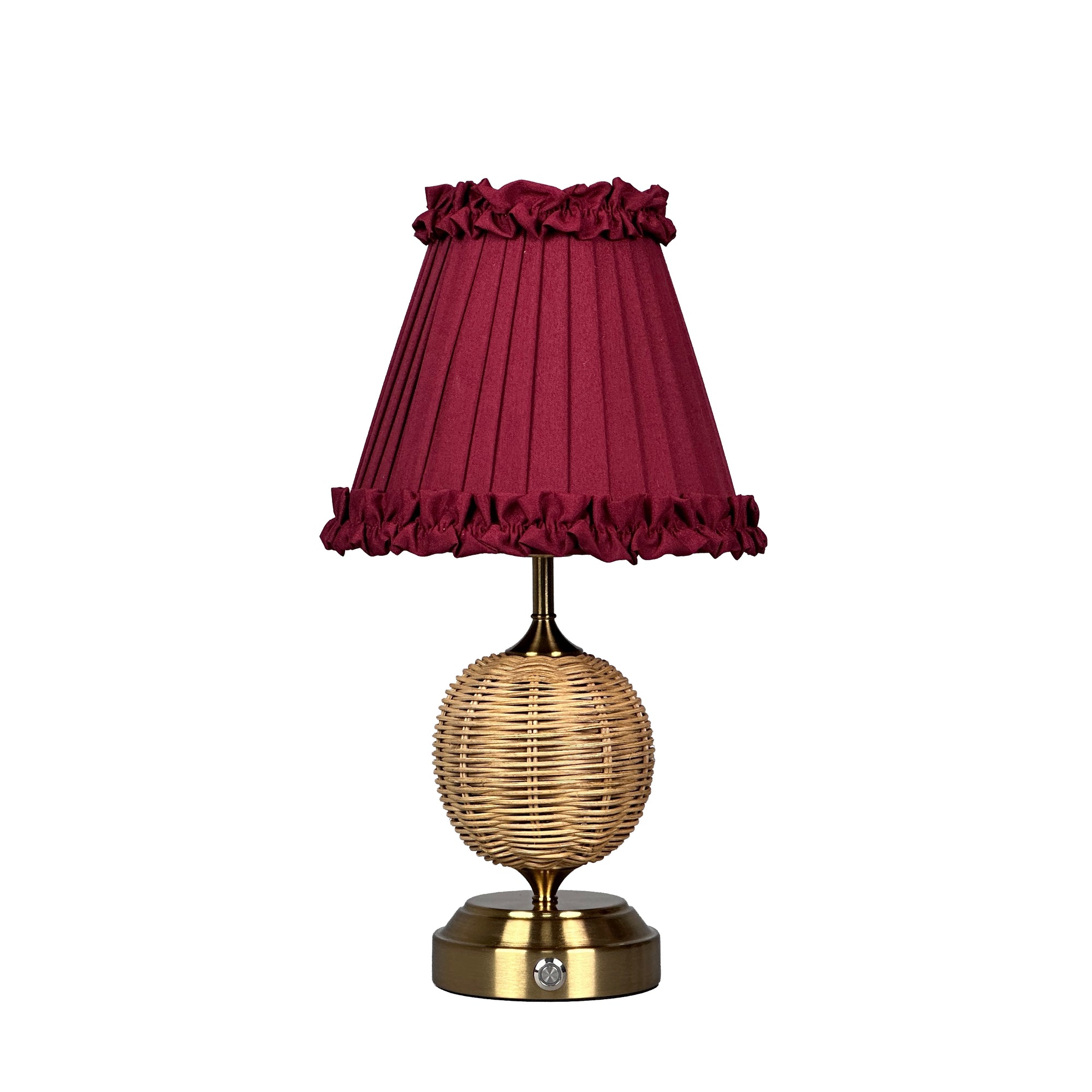 RADEN WICKER Rechargeable Lamp with Red Wine Frilled Fabric Lampshade