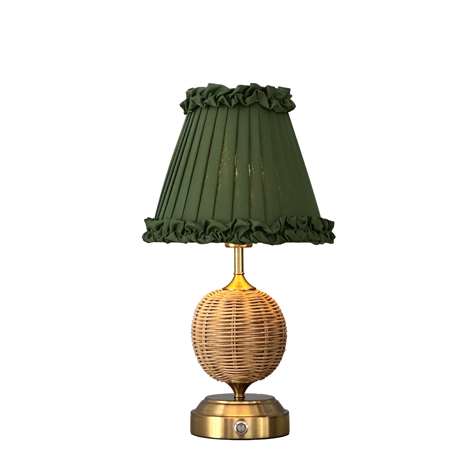 RADEN WICKER Rechargeable Lamp with Olive Green Frilled Fabric Lampshade