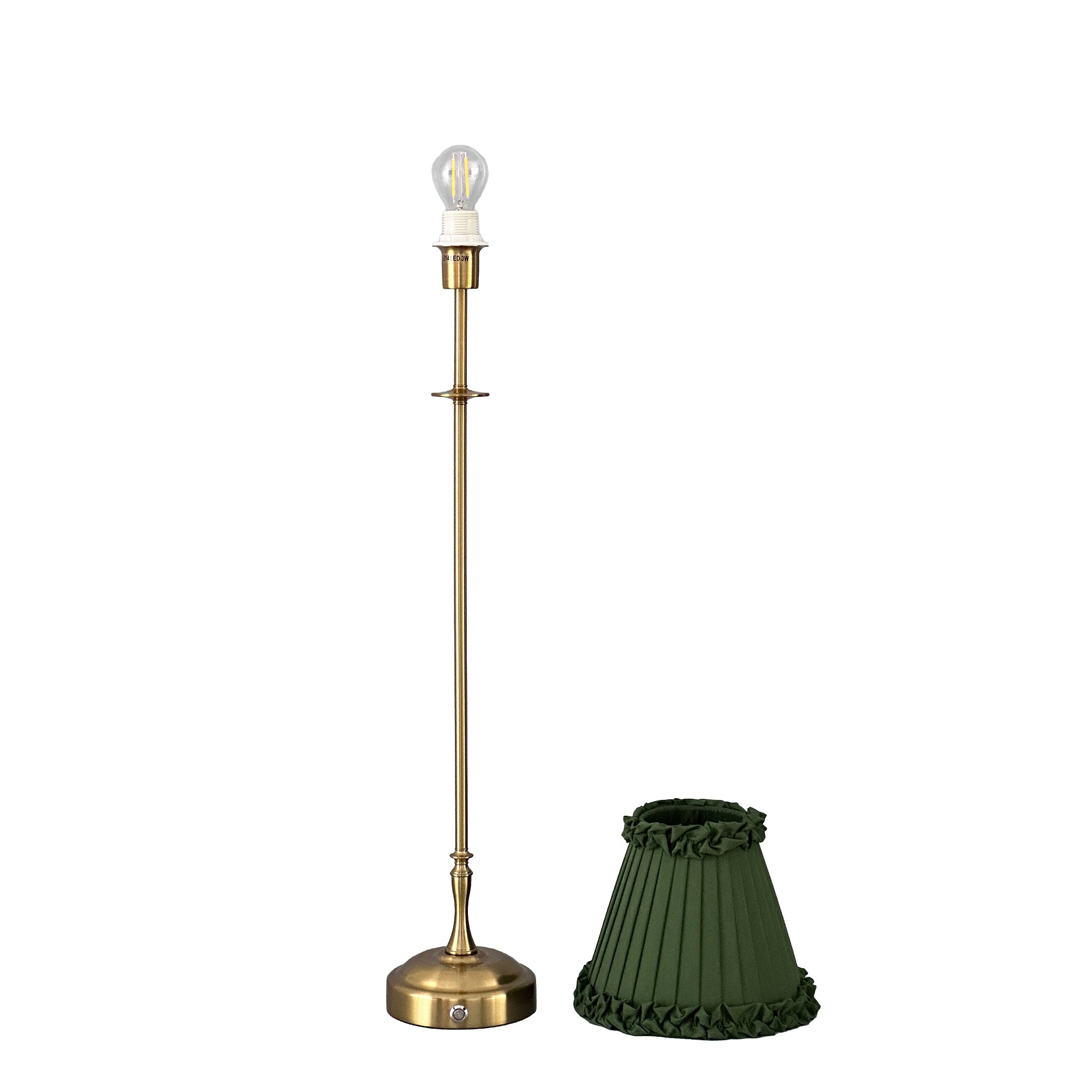 METALL Rechargeable Lamp With Olive Green Frilled Fabric Lampshade