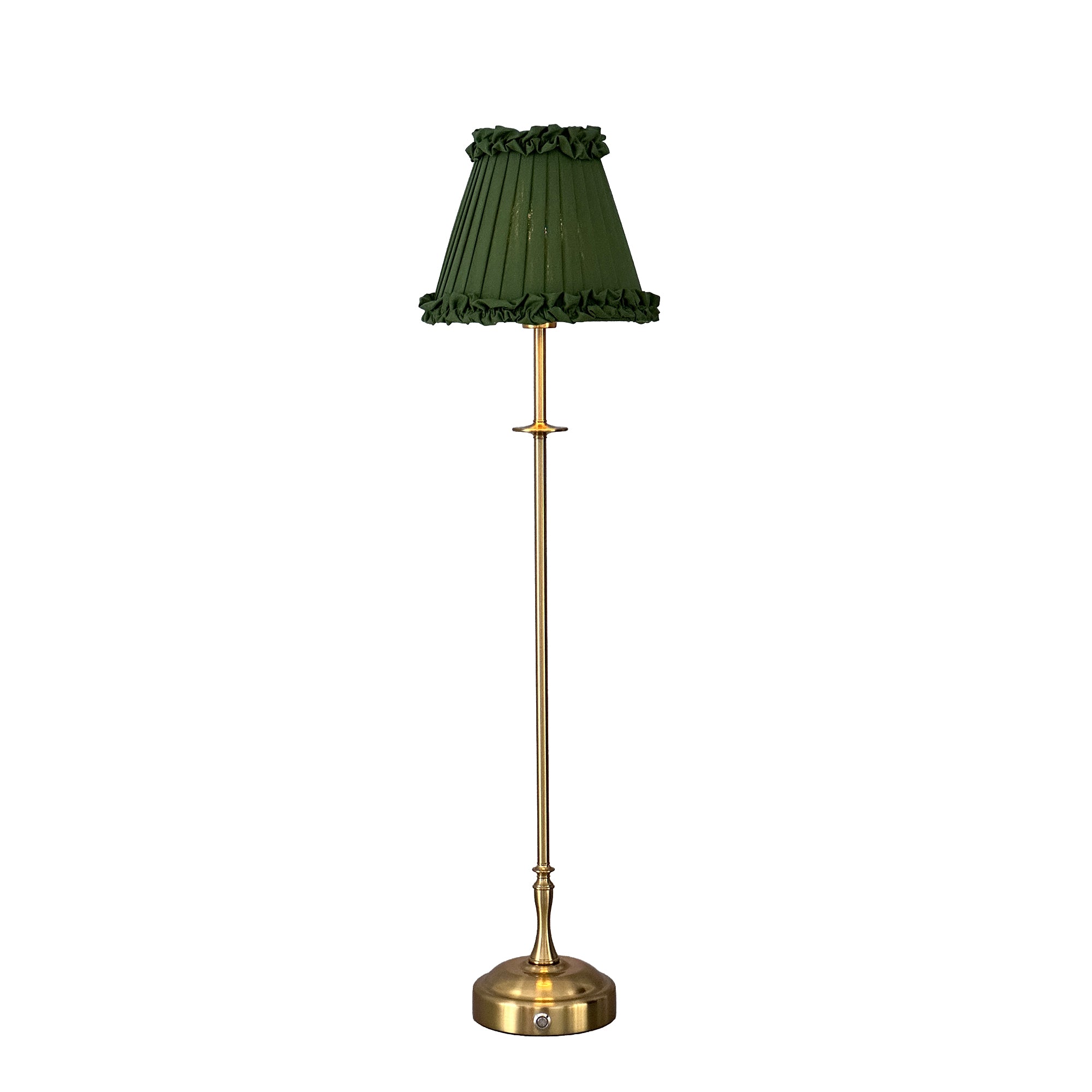 METALL Rechargeable Lamp With Olive Green Frilled Fabric Lampshade