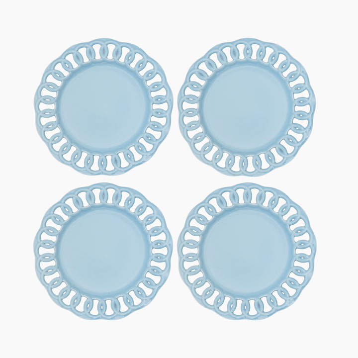 Set of four baby blue ceramic dinner plates with openwork lace borders