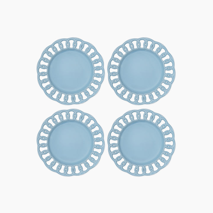 Set of four baby blue ceramic salad plates with openwork lace borders