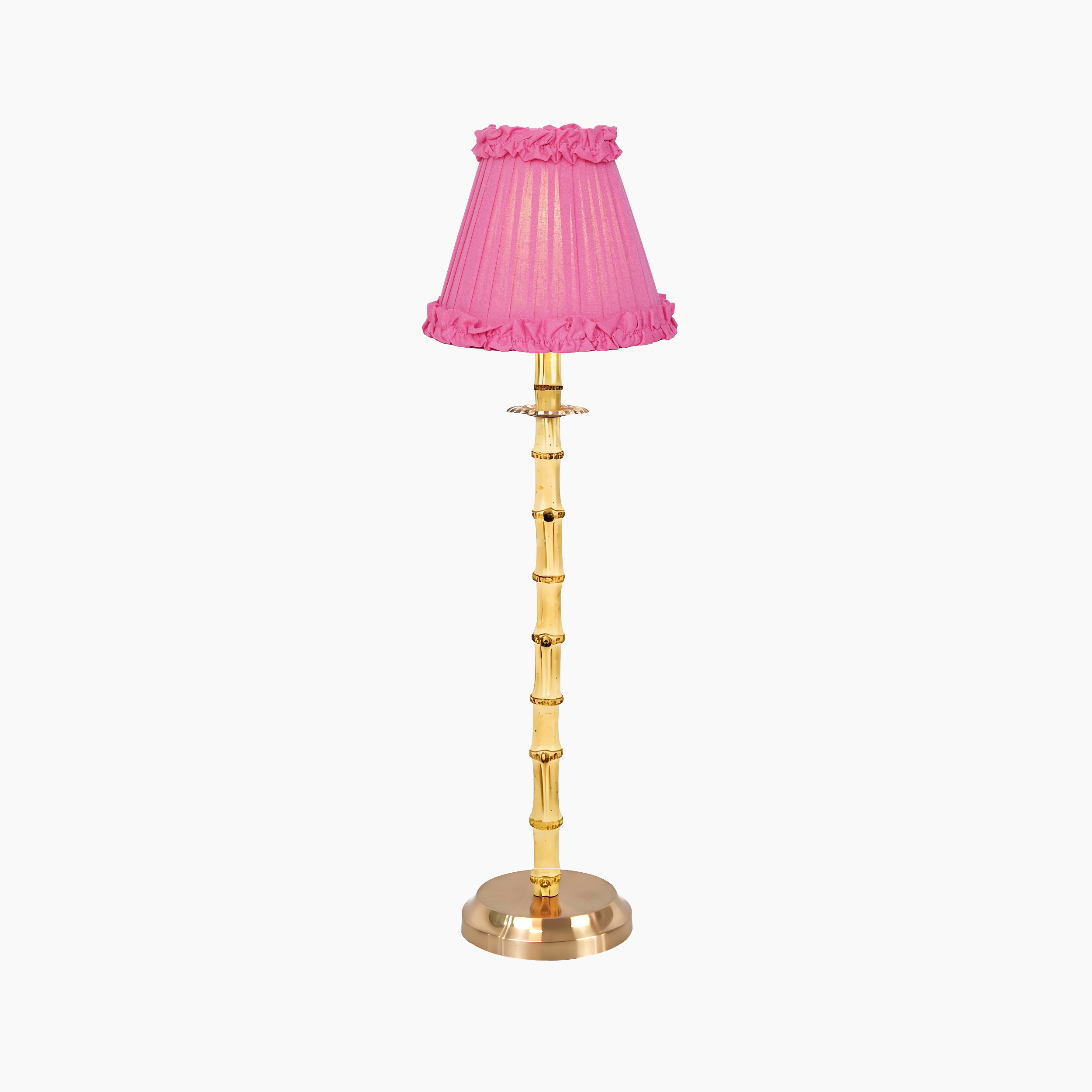 NATURAL BAMBOO Rechargeable Lamp With Fuchsia Frilled Fabric Lampshade