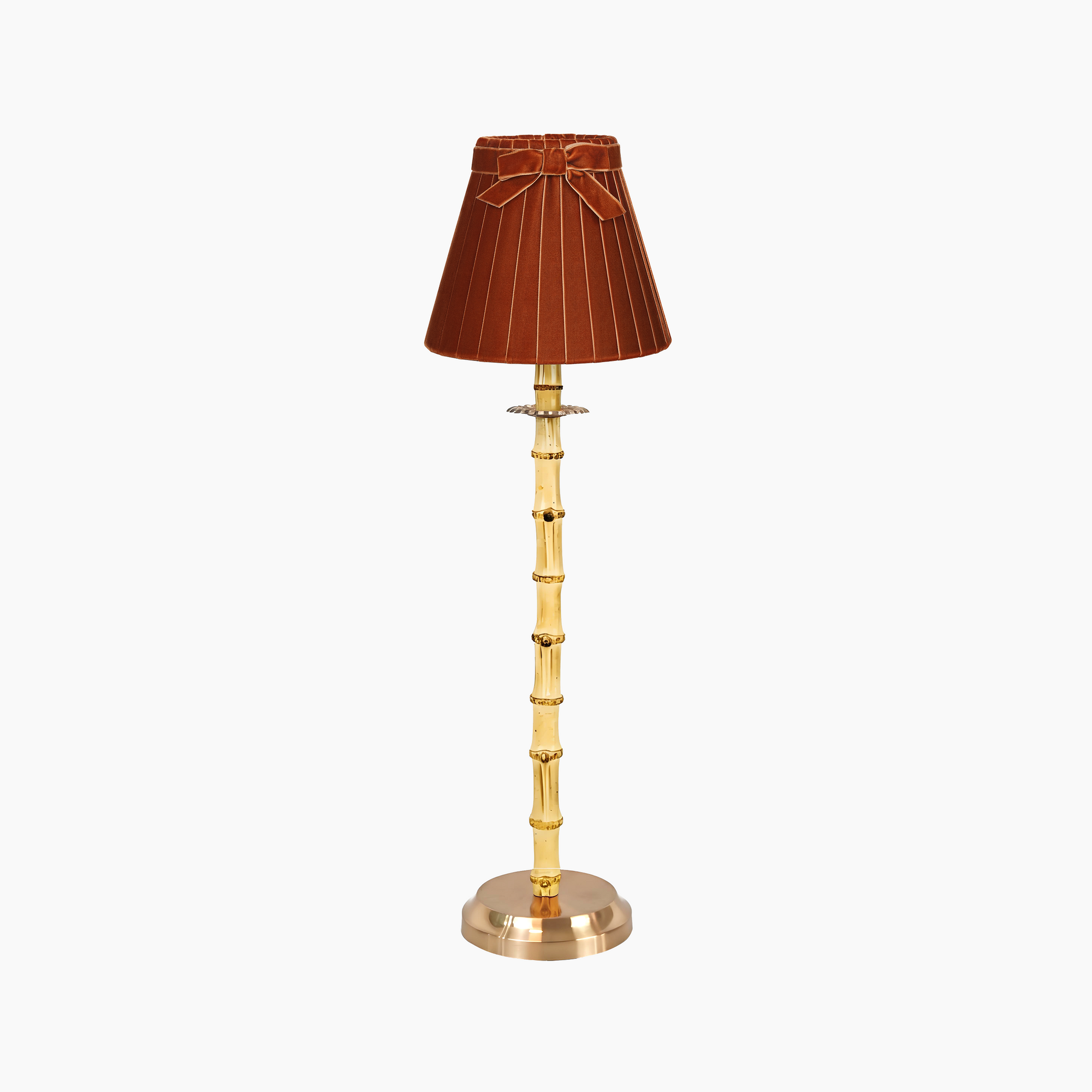 NATURAL BAMBOO Rechargeable Lamp With Burnt Orange Velvet Lampshade (7.1")