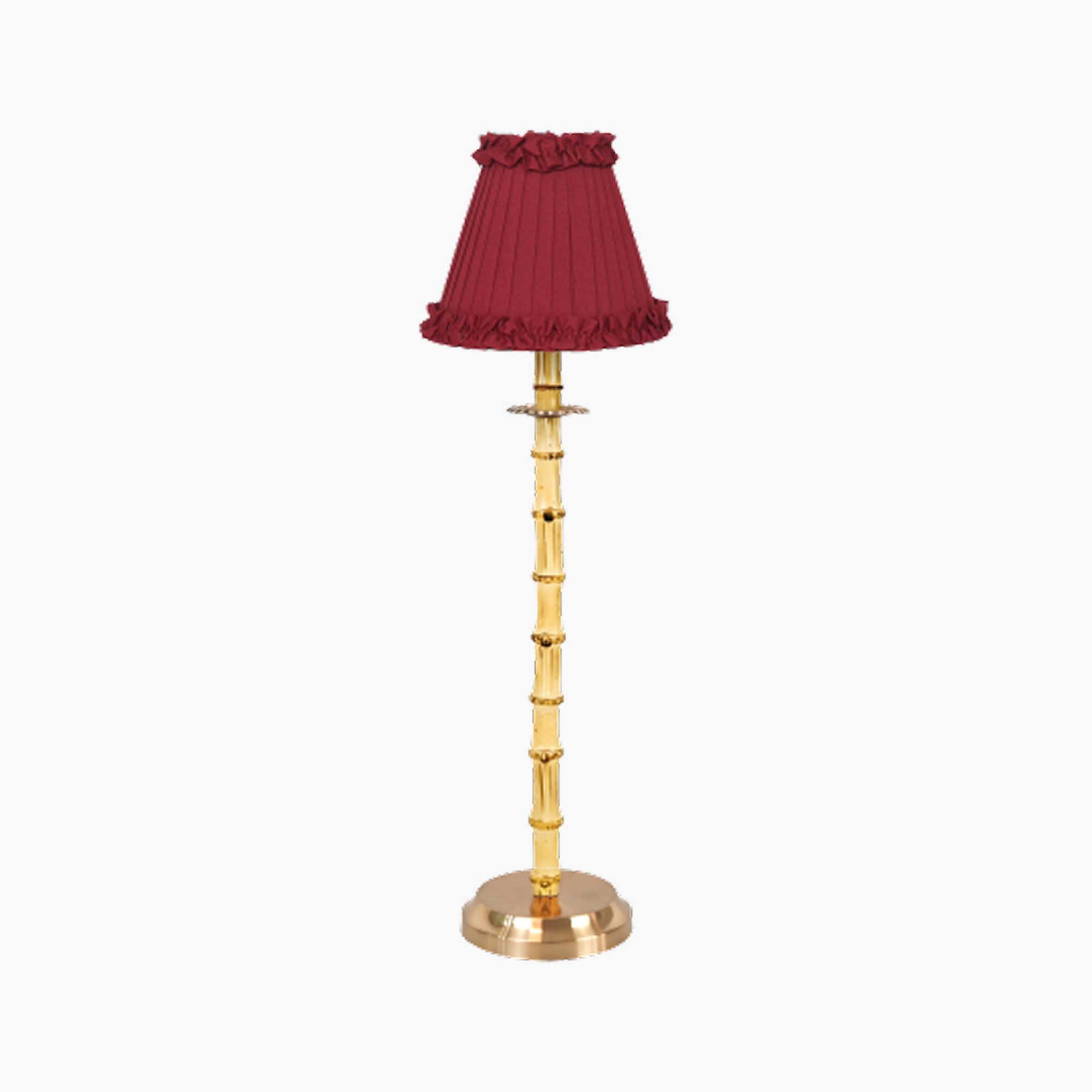 NATURAL BAMBOO Rechargeable Lamp With Red Wine Frilled Fabric Lampshade