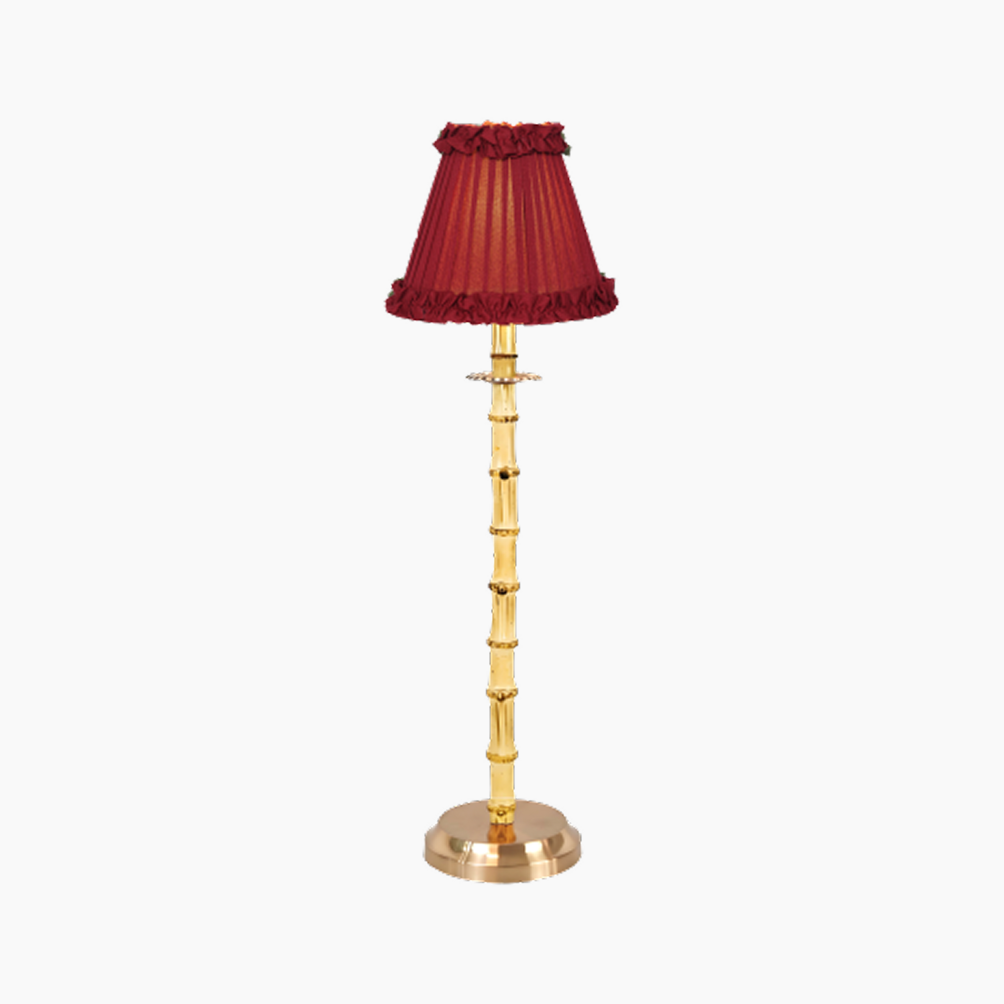 NATURAL BAMBOO Rechargeable Lamp With Red Wine Frilled Fabric Lampshade