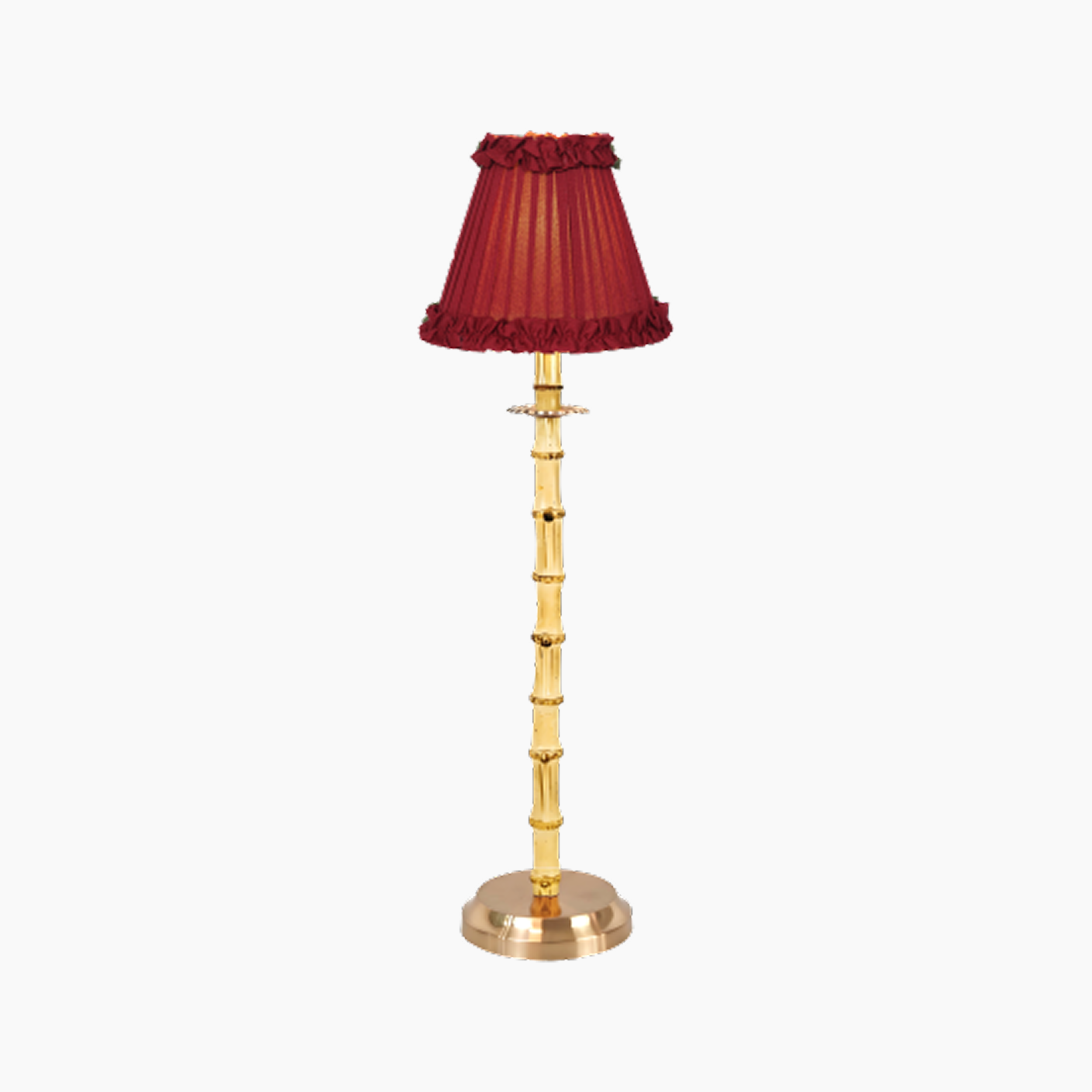 NATURAL BAMBOO Rechargeable Lamp With Red Wine Frilled Fabric Lampshade