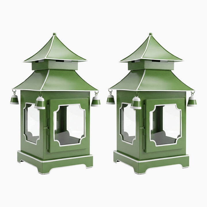 Pair of 13 inch green pagoda candle lanterns