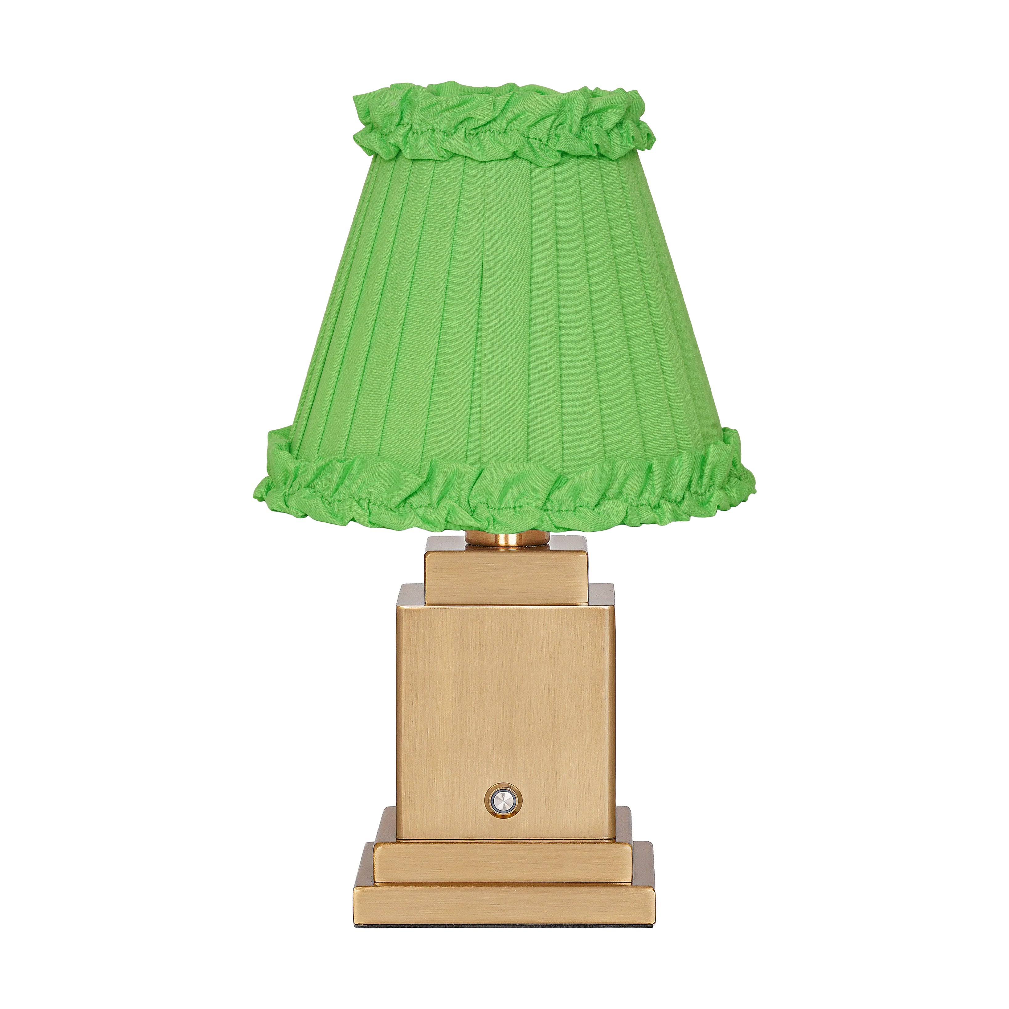 OSCAR Brass Rechargeable Lamp with LIME GREEN Frilled Fabric Lampshade